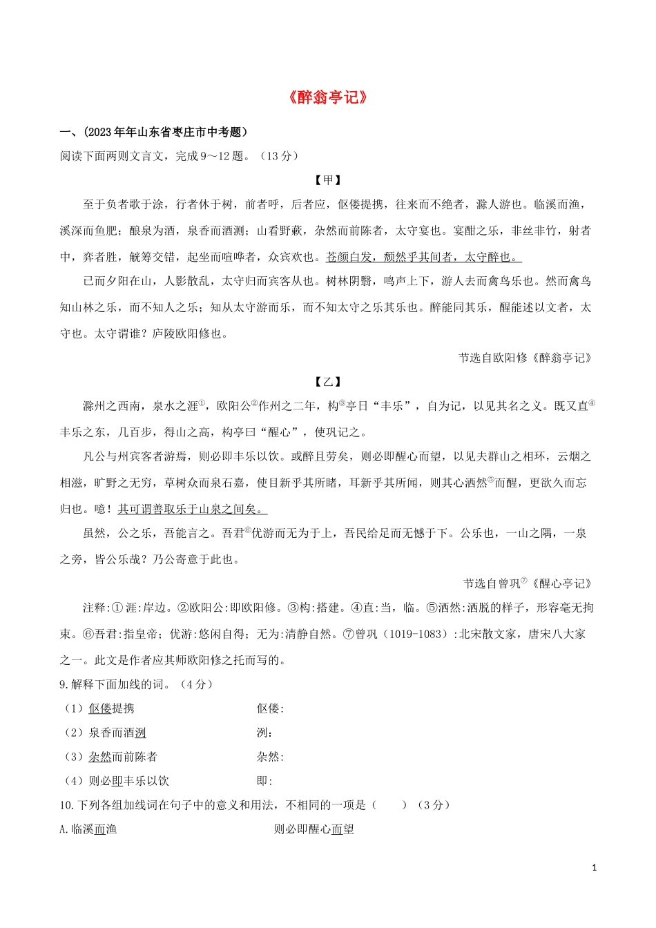 2023学年九年级语文文言文专题02醉翁亭记真题训练（人教版）.docx_第1页