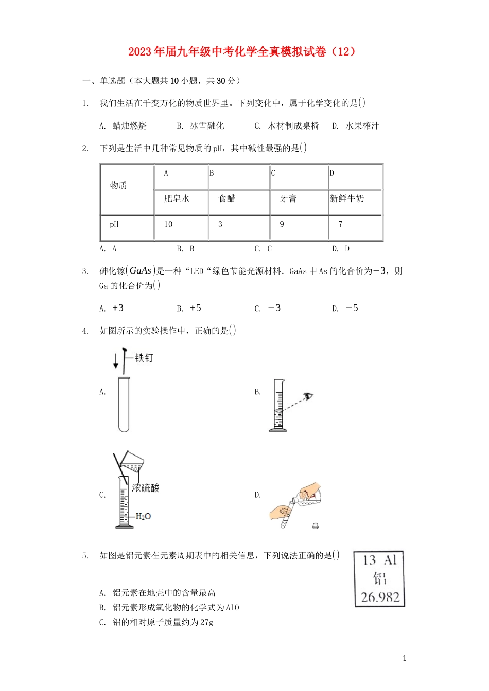 2023学年九年级化学全真模拟试卷12含解析.docx_第1页