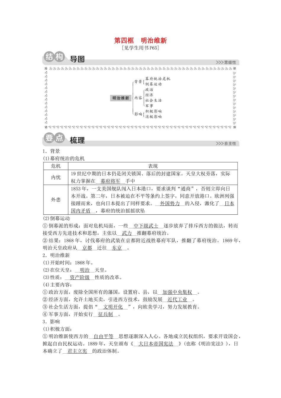 2023学年八年级历史与社会下册第七单元工业革命与马克思主义的诞生7.3资本主义的扩展第四框明治维新同步练习含解析（人教版）.doc_第1页