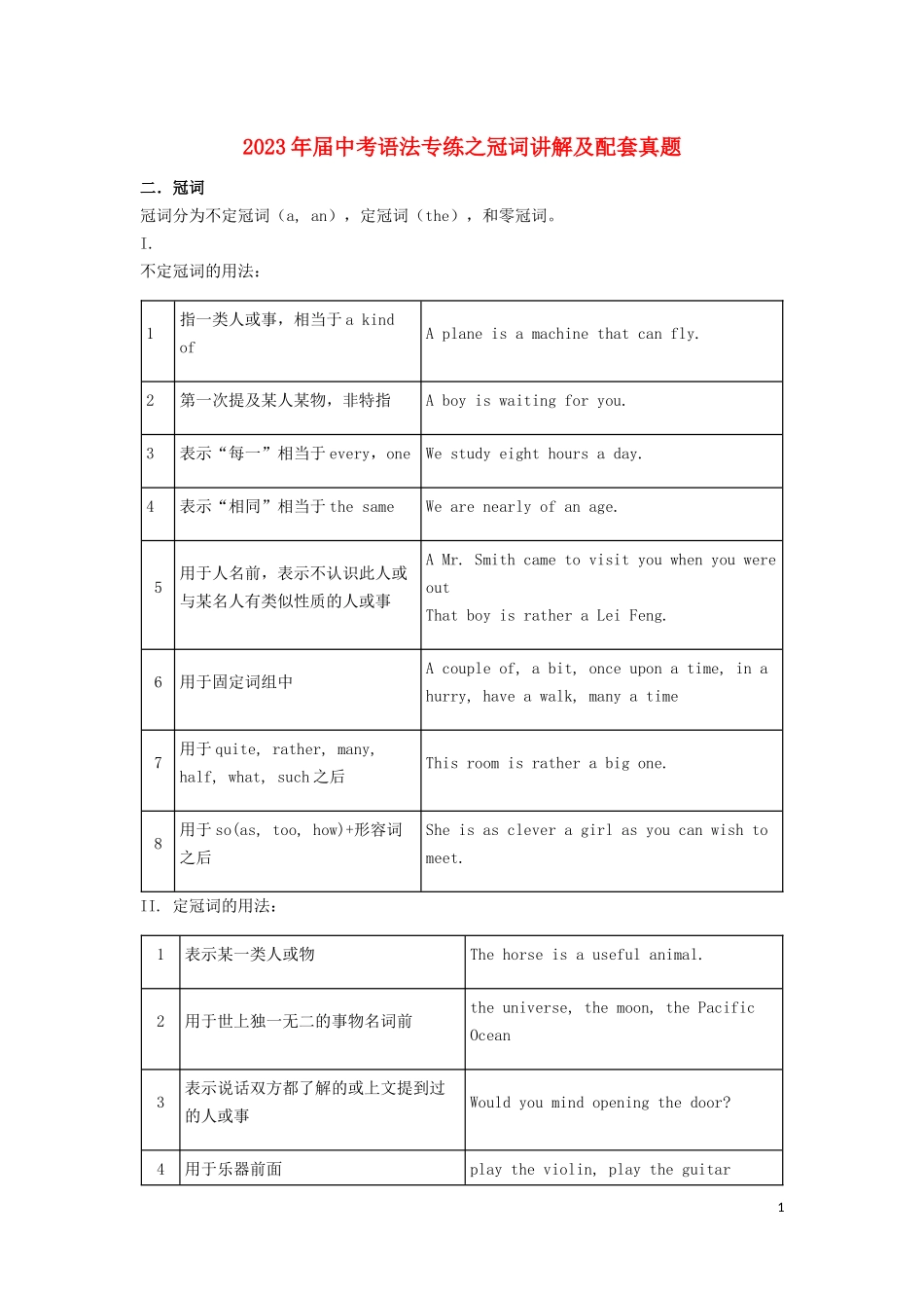 2023学年届中考英语语法专练冠词讲解及真题专练.docx_第1页
