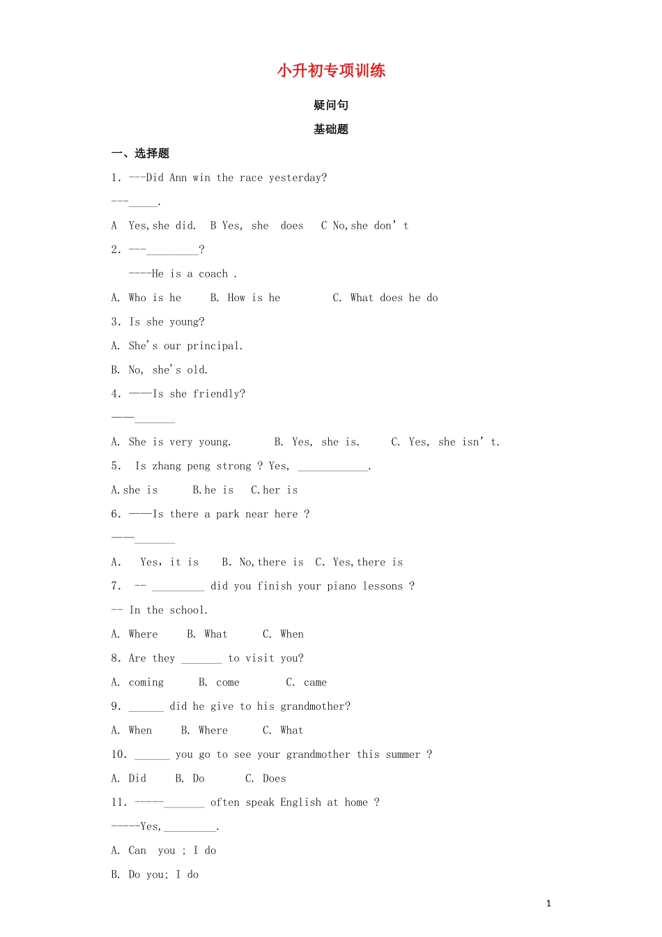 2023学年小升初英语知识专项训练时态与句法17疑问句含解析.docx_第1页