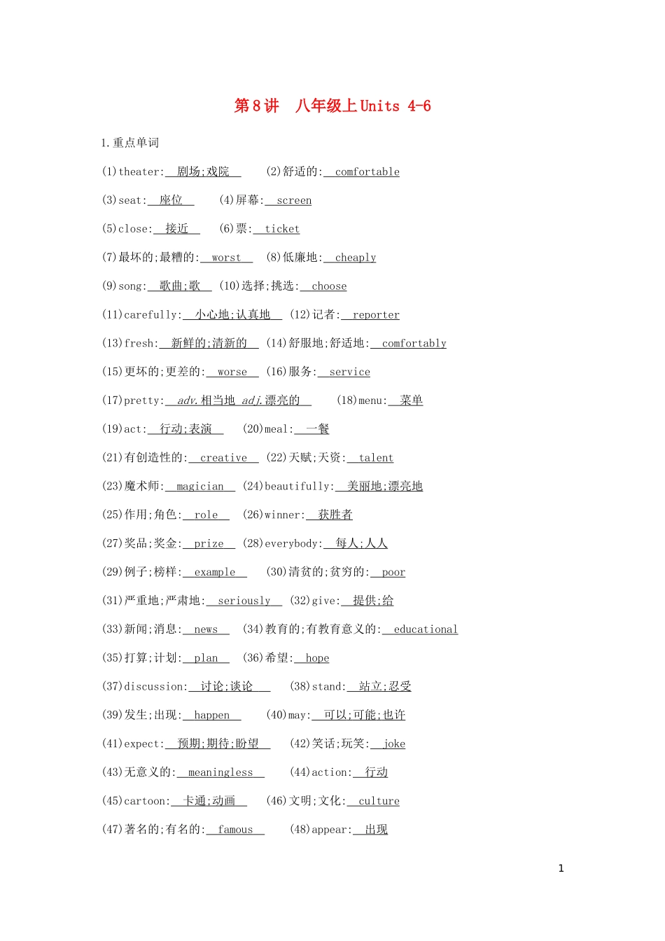 2023学年中考英语总复习知识点梳理第8讲八上Units4_6试题.docx_第1页