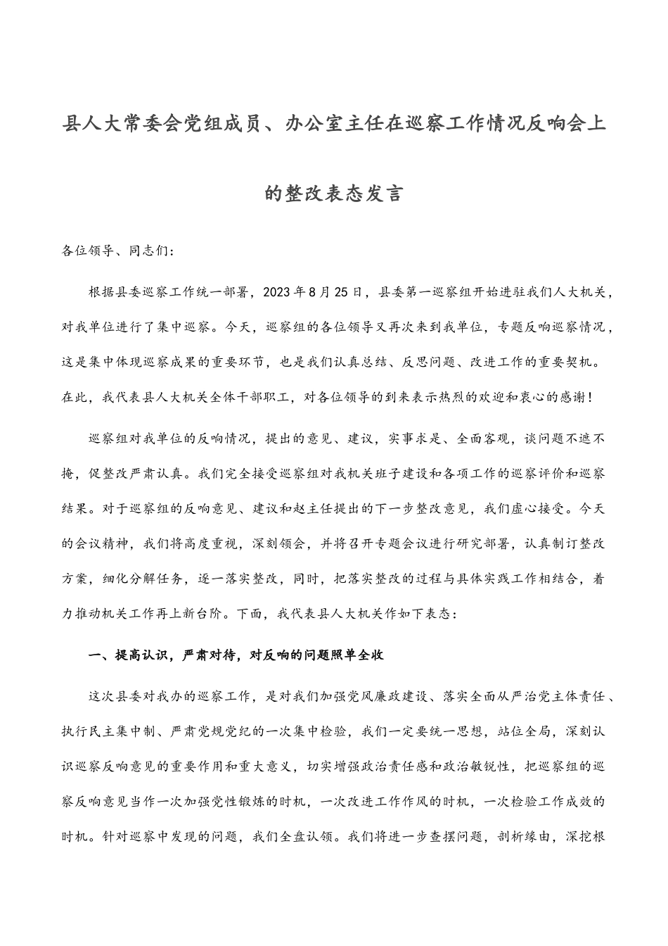 2023年县人大常委会党组成员、办公室主任在巡察工作情况反馈会上的整改表态发言.docx_第1页