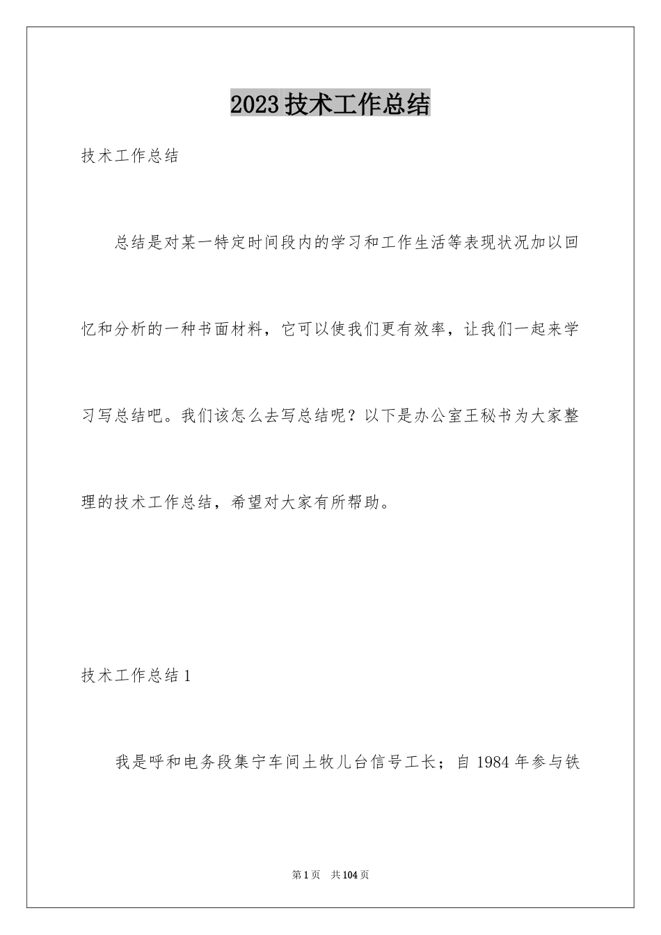 2023技术工作总结5范文.docx_第1页