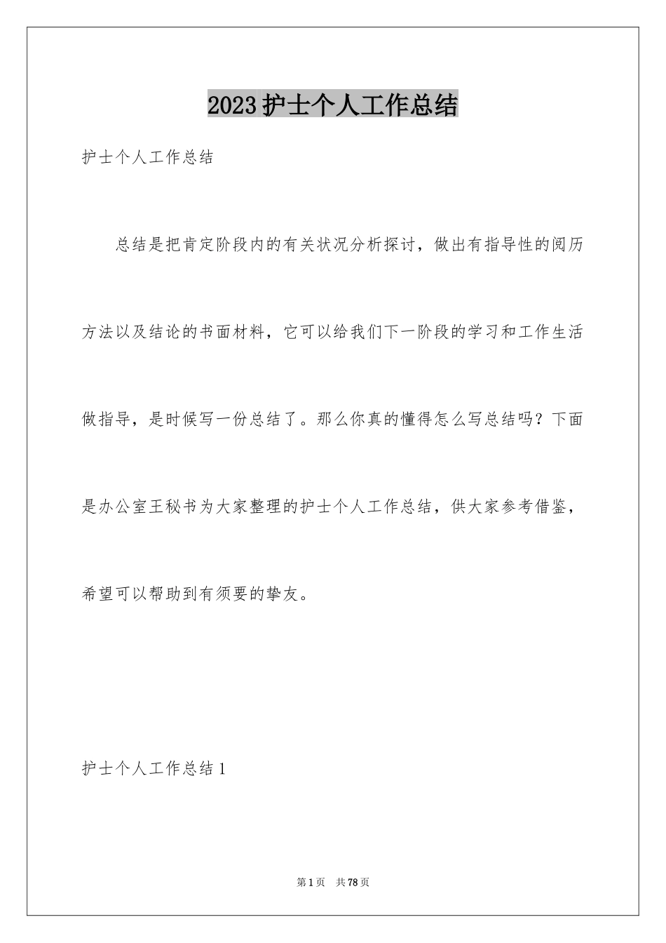 2023护士个人工作总结27范文.docx_第1页