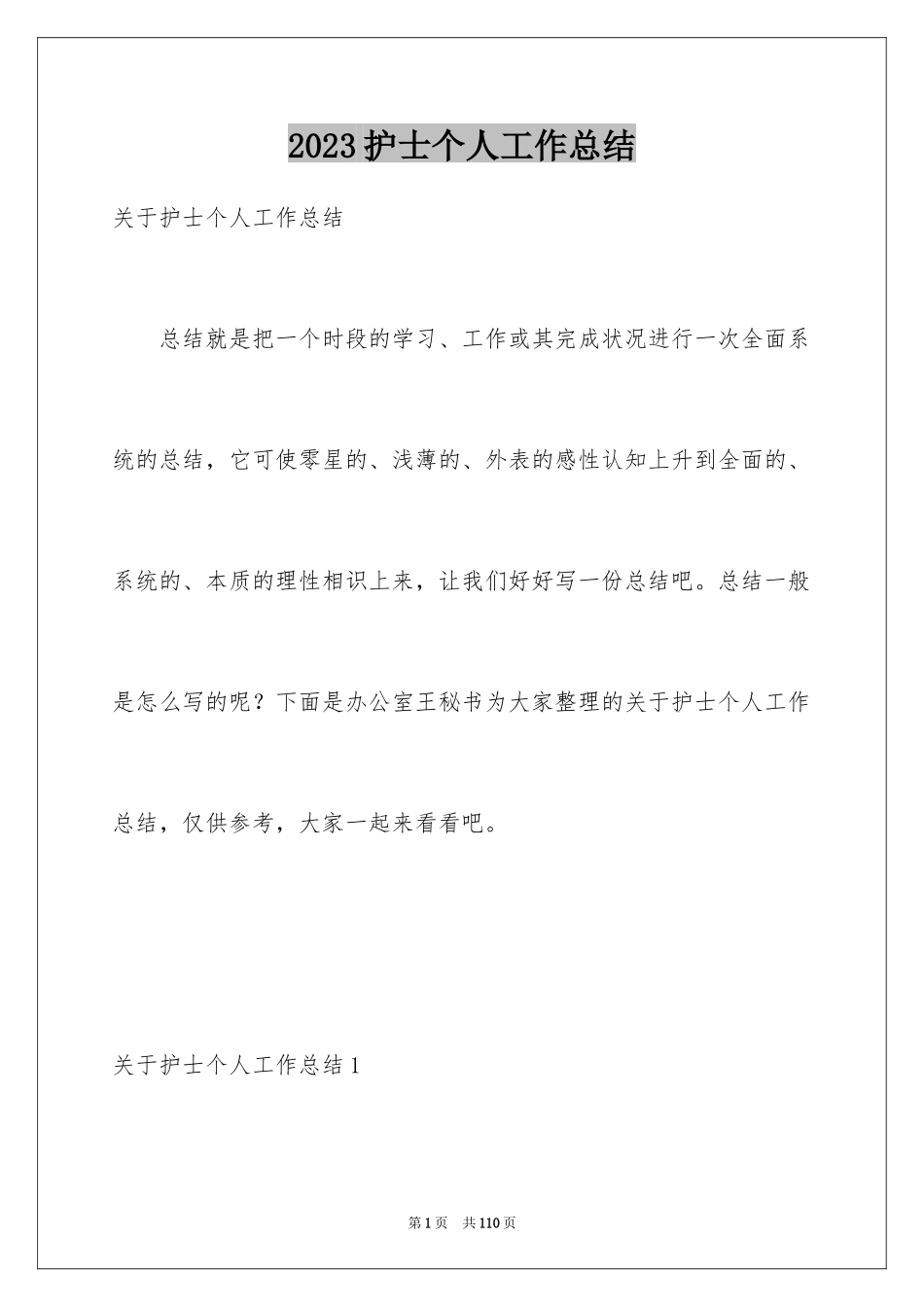 2023护士个人工作总结2范文.docx_第1页