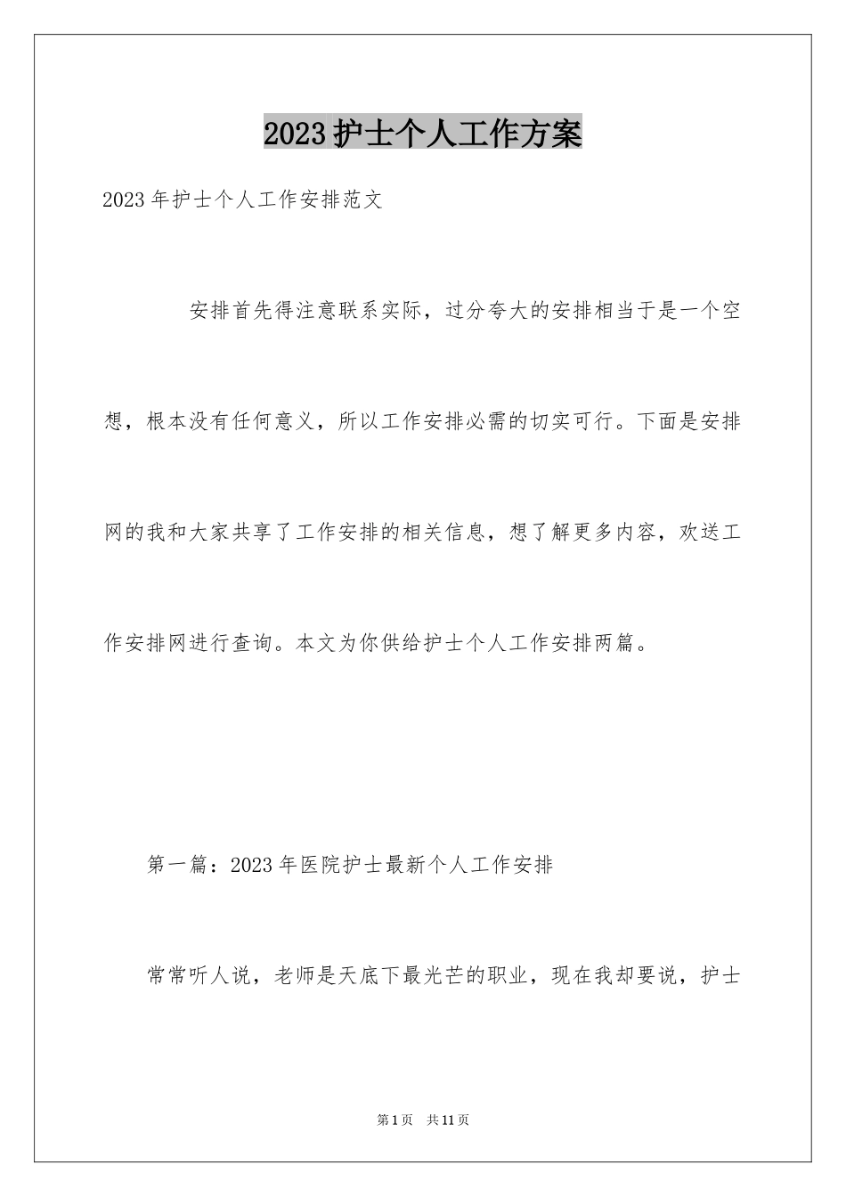 2023护士个人工作计划23范文.docx_第1页