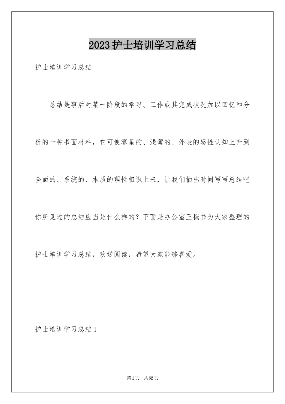 2023护士培训学习总结范文.docx_第1页