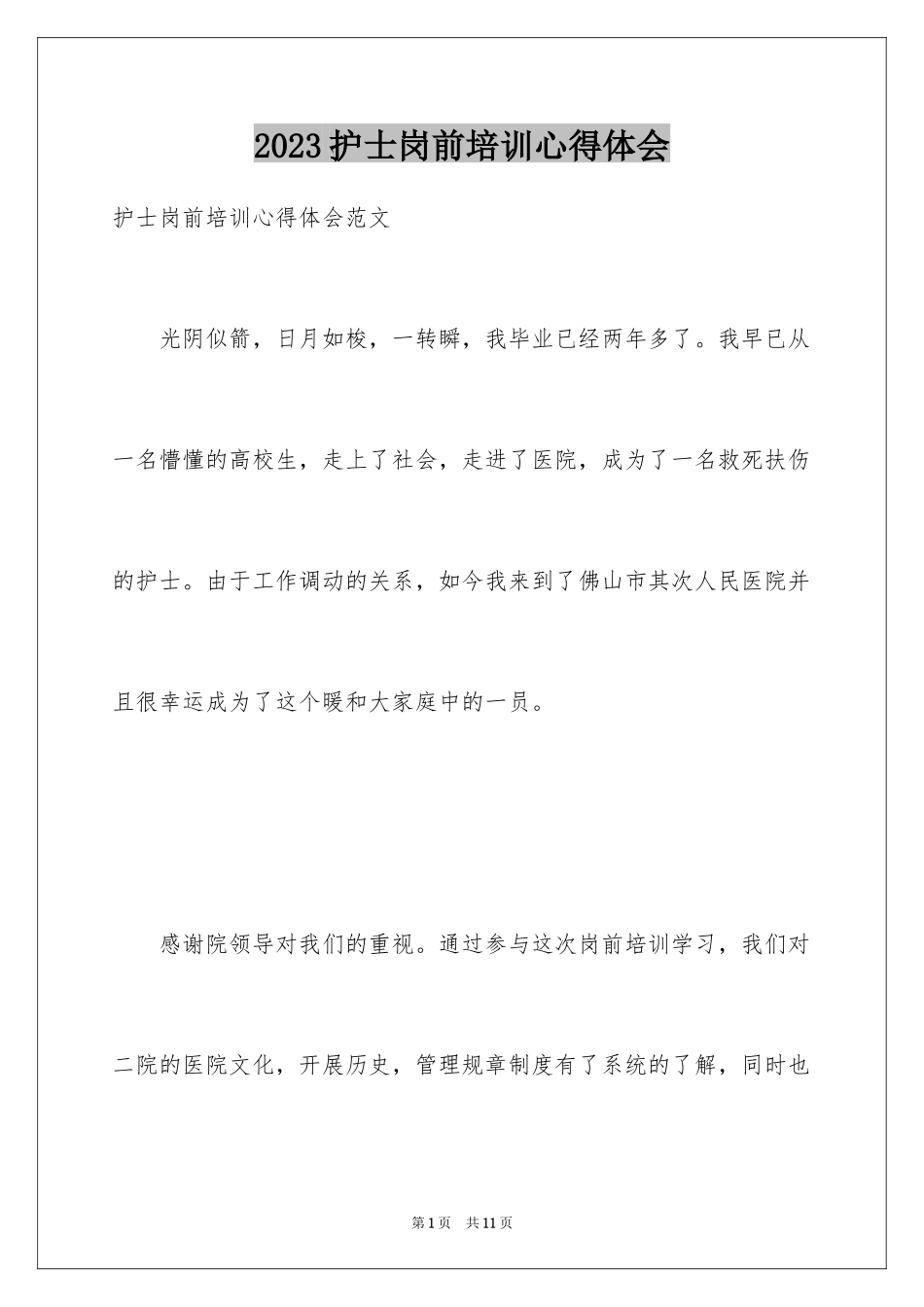 2023护士岗前培训心得体会13范文.docx_第1页