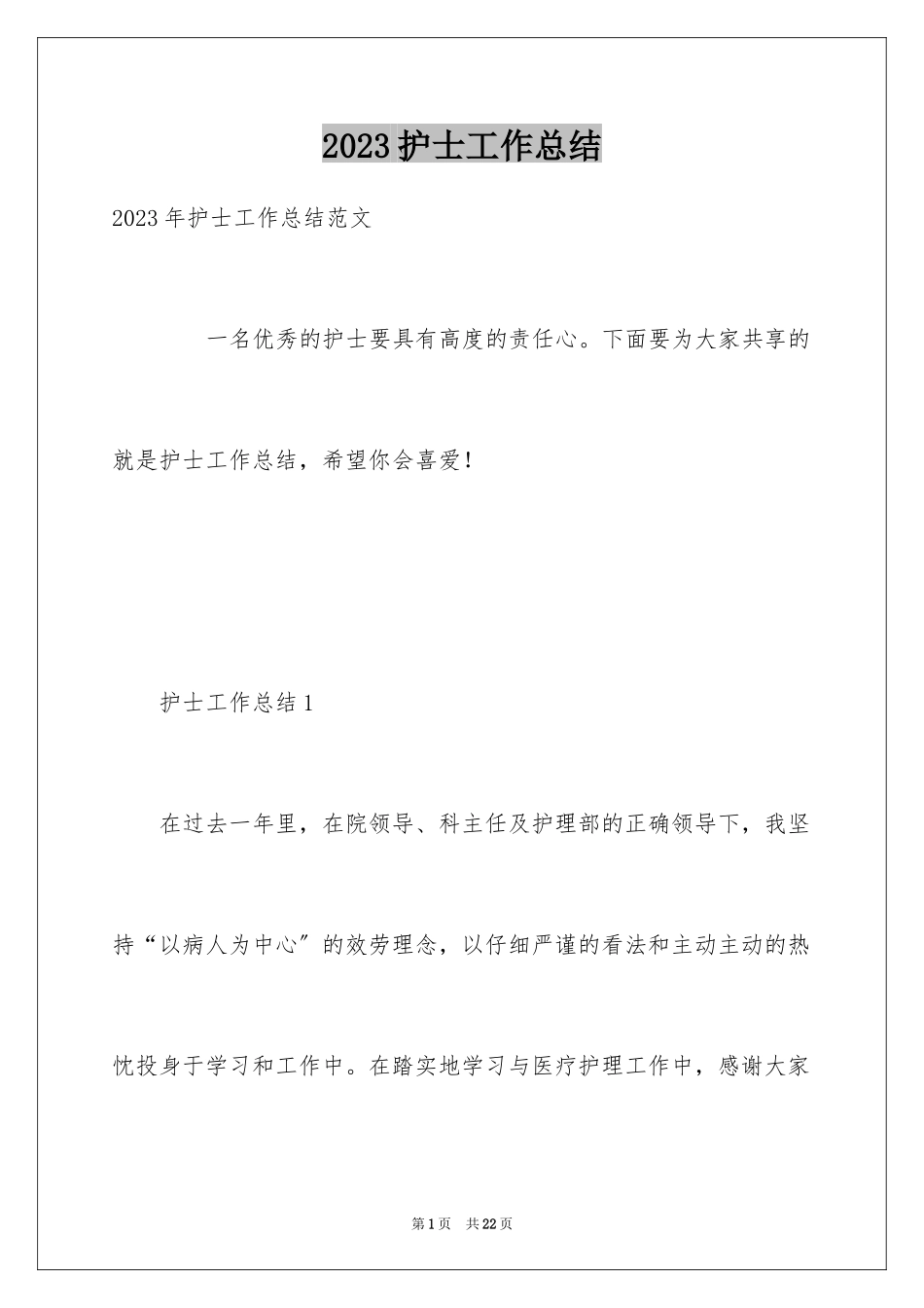 2023护士工作总结18范文.docx_第1页