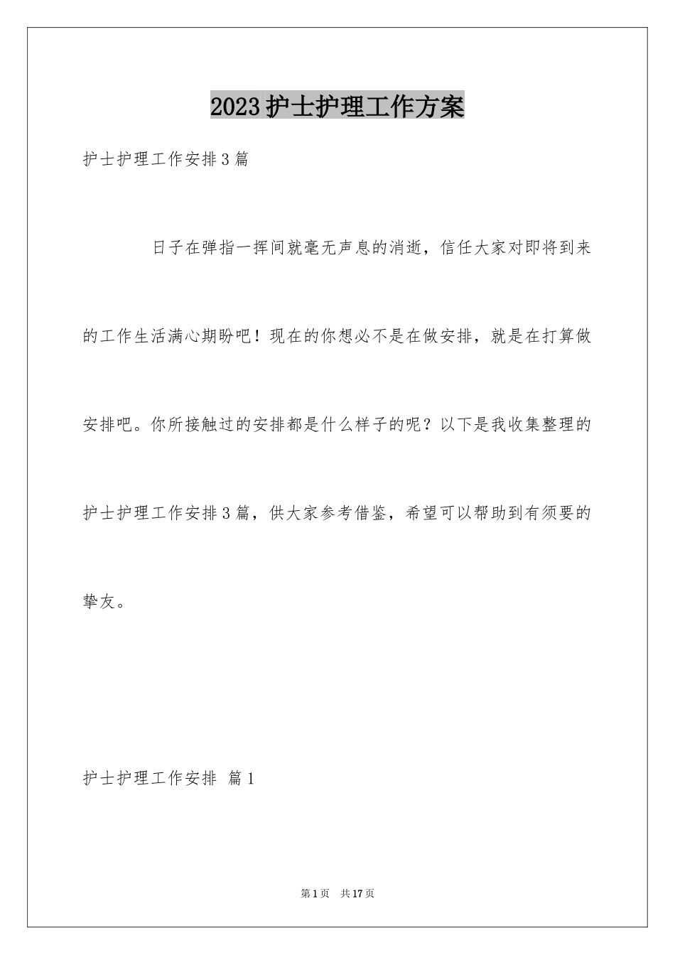 2023护士护理工作计划9范文.docx_第1页