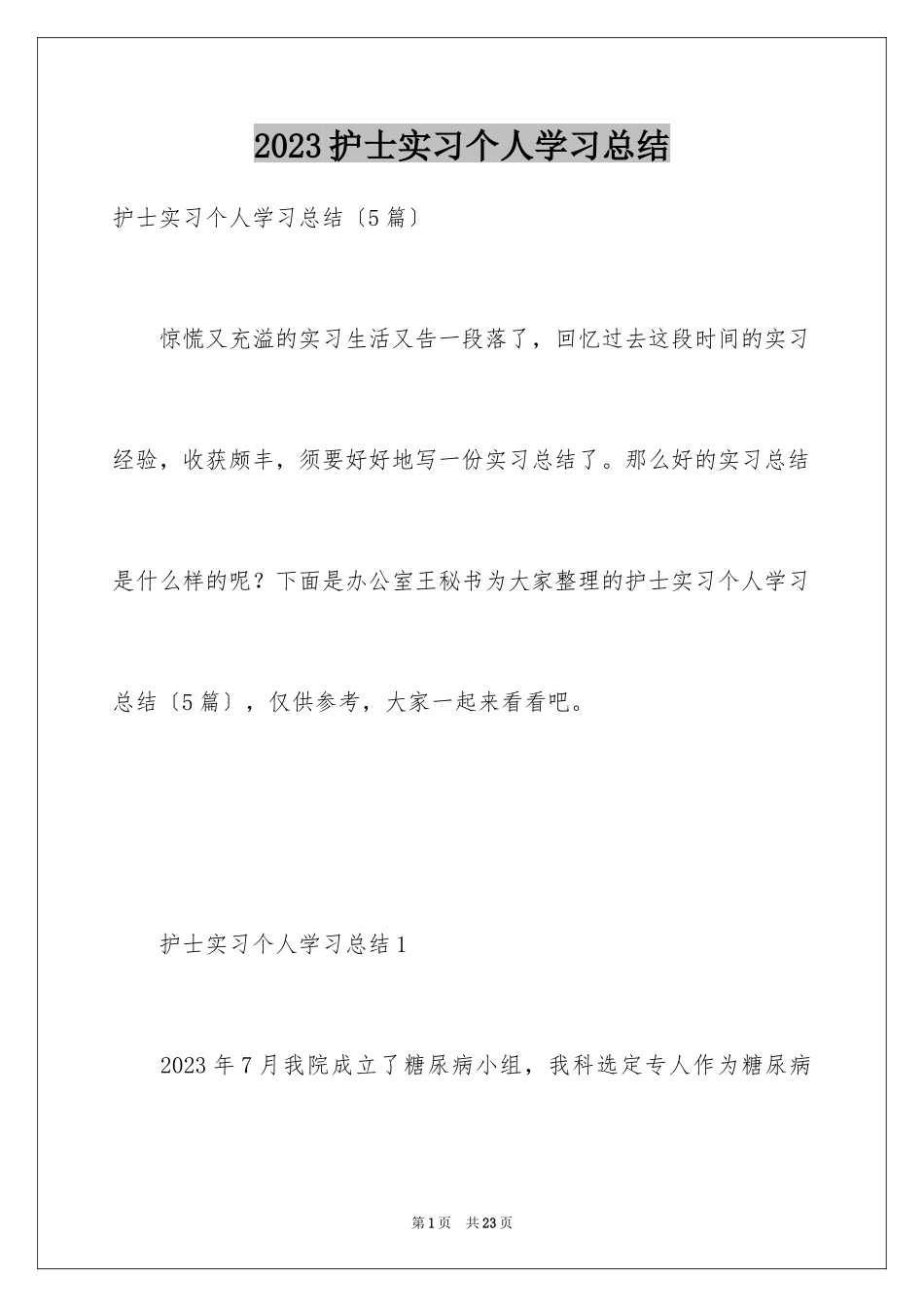 2023护士实习个人学习总结范文.docx_第1页