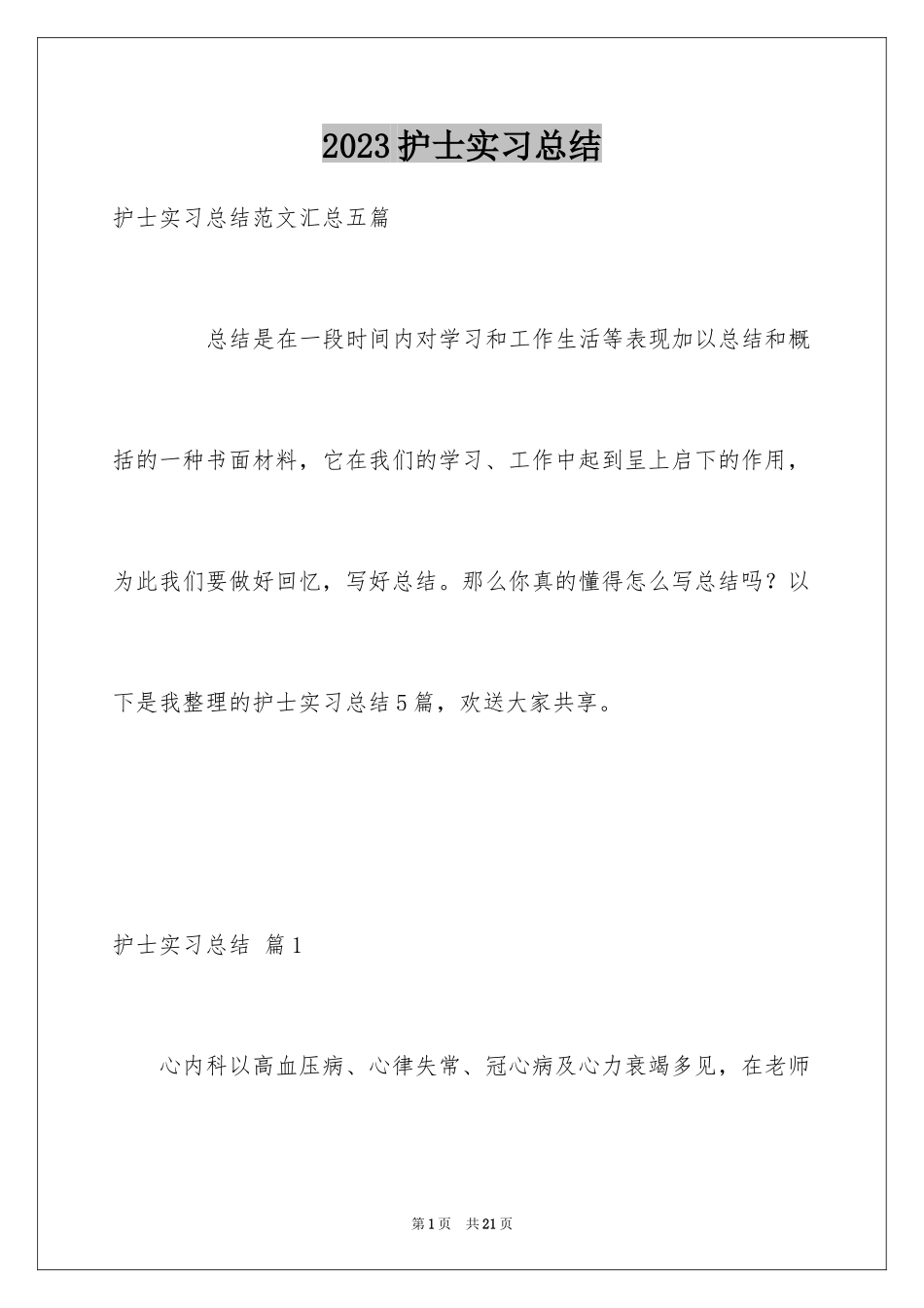 2023护士实习总结5范文.docx_第1页