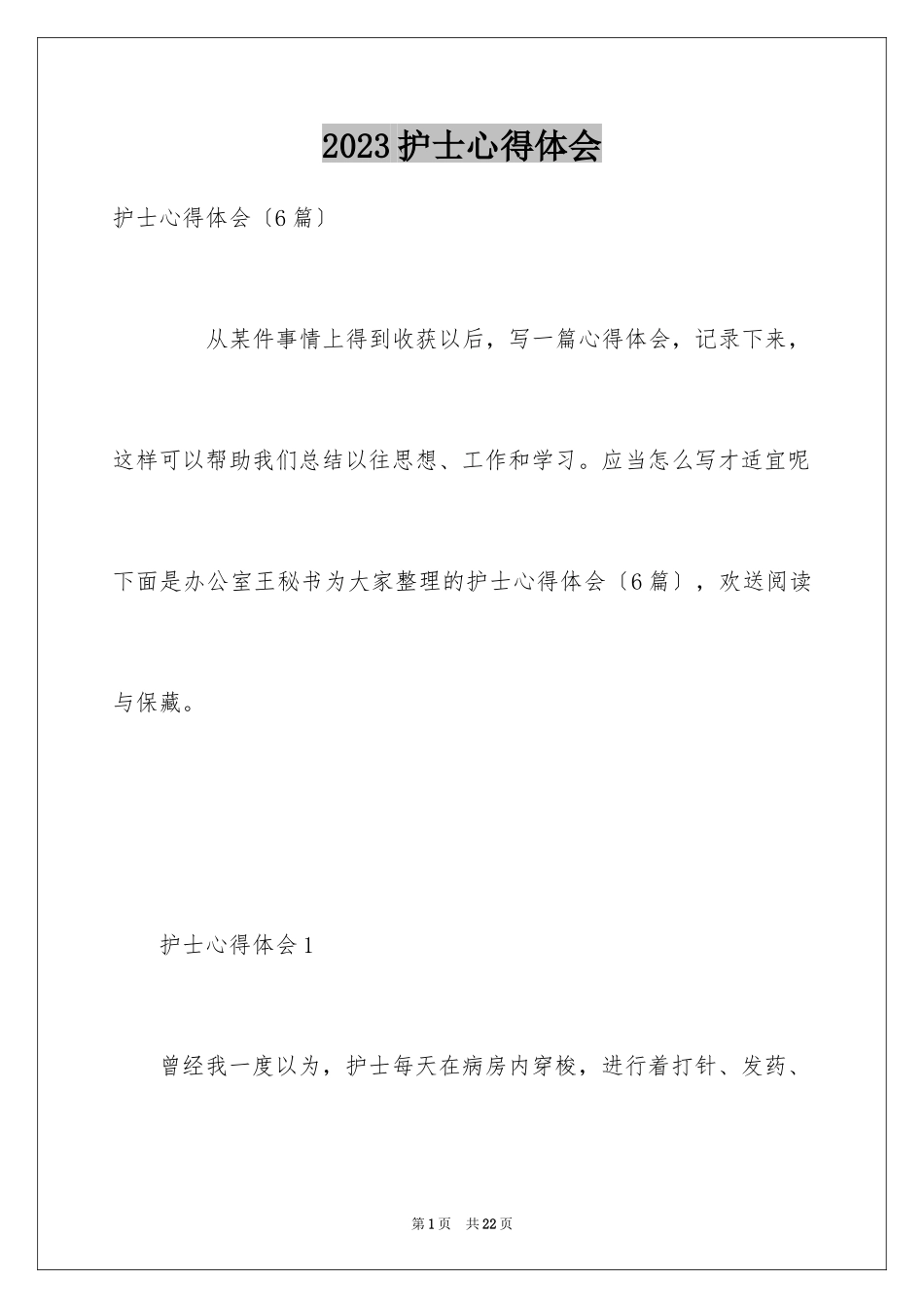 2023护士心得体会范文.docx_第1页