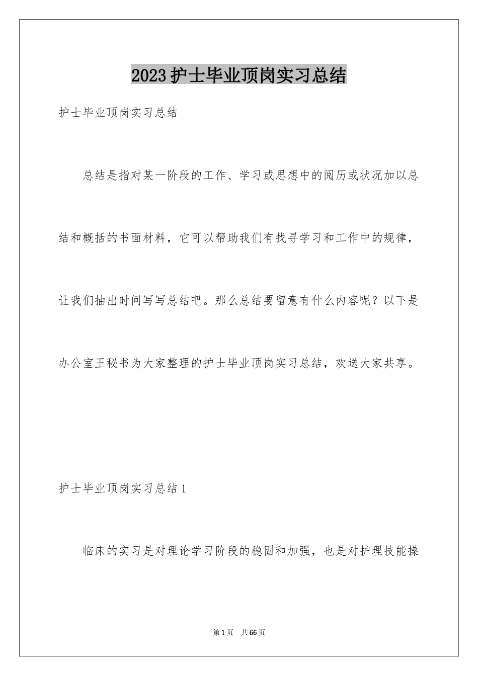 2023护士毕业顶岗实习总结范文.docx_第1页