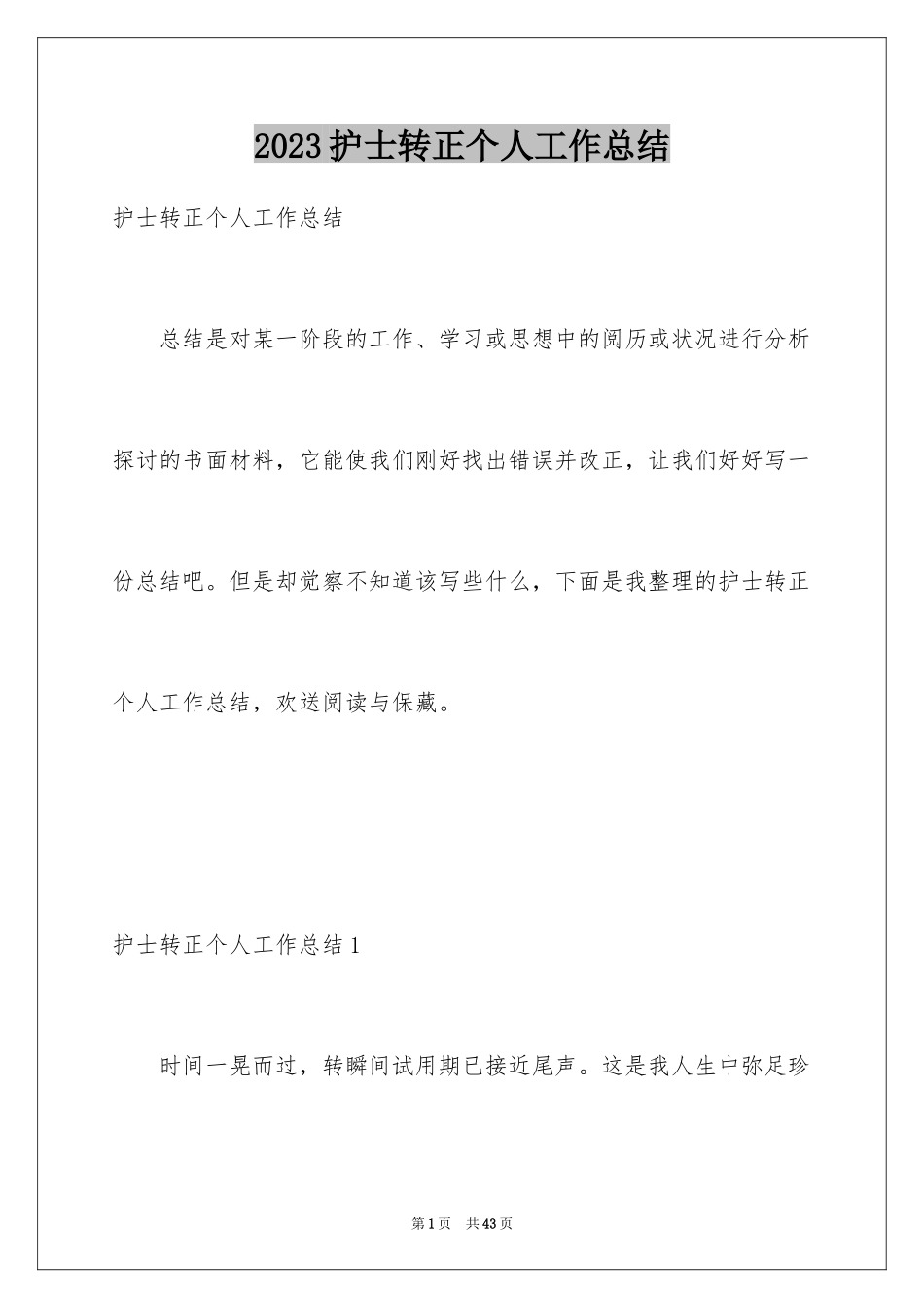 2023护士转正个人工作总结范文.docx_第1页