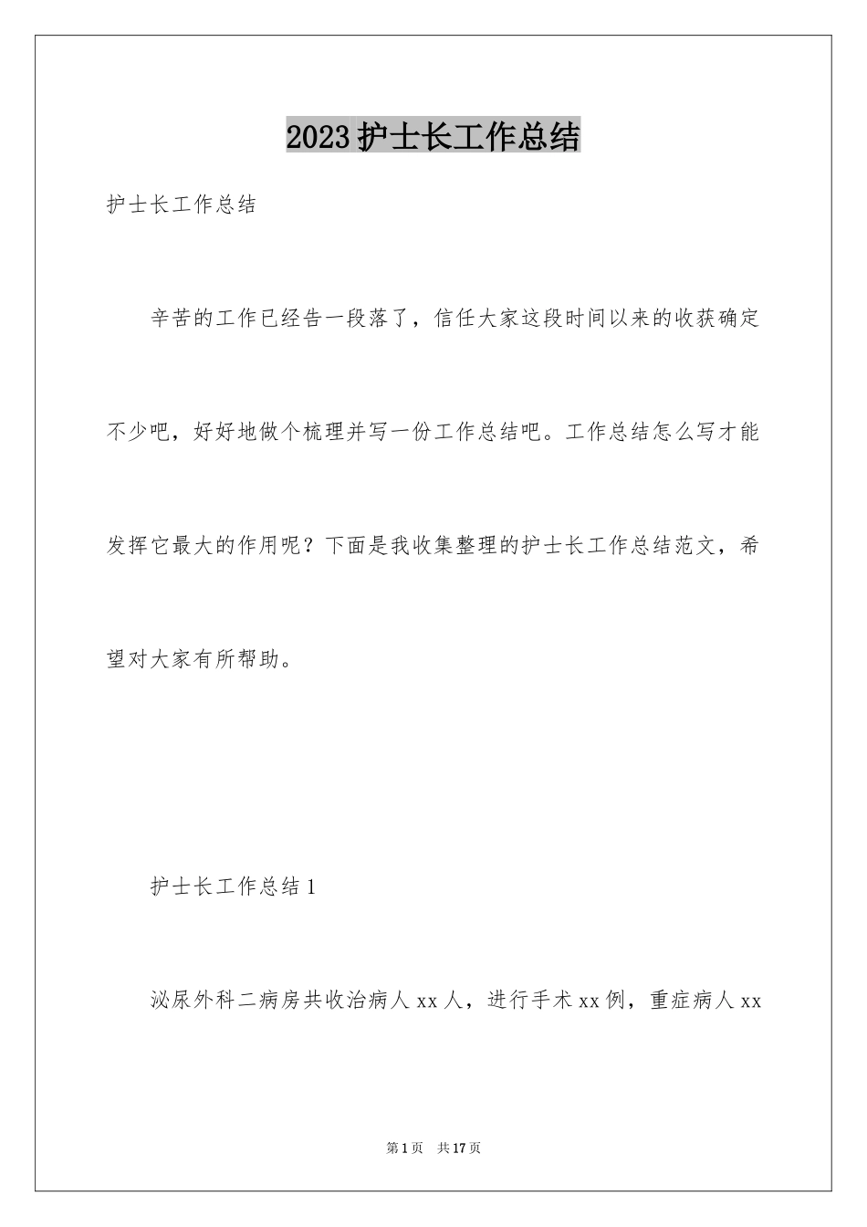 2023护士长工作总结5范文.docx_第1页