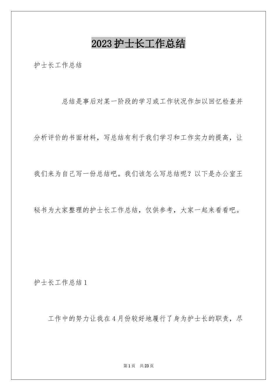 2023护士长工作总结9范文.docx_第1页