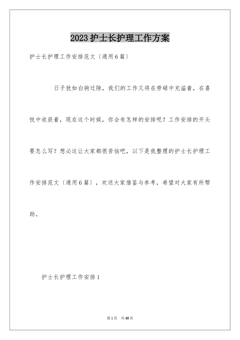 2023护士长护理工作计划1范文.docx_第1页