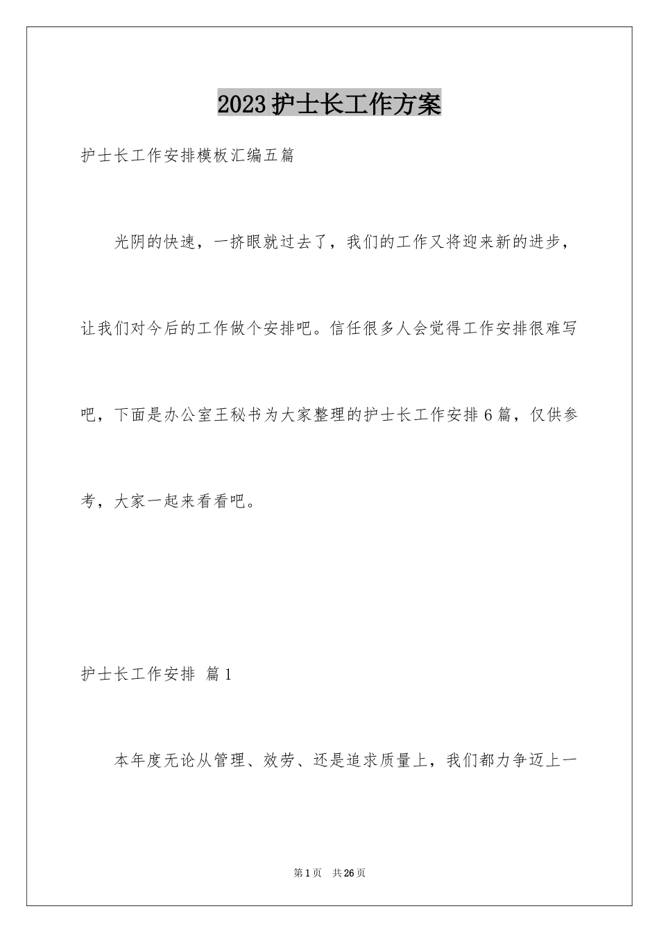 2023护士长工作计划20范文.docx_第1页