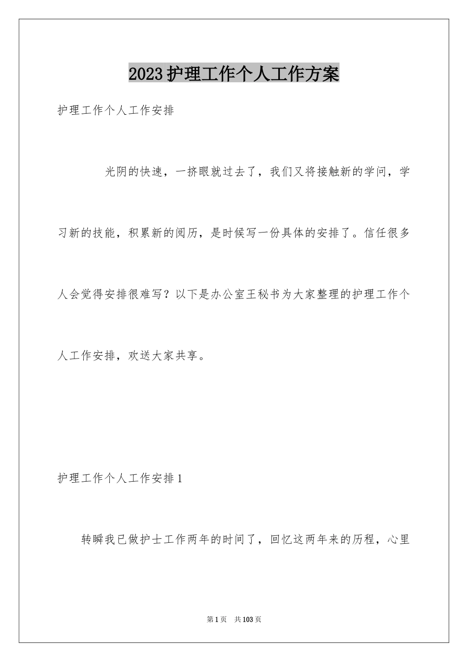 2023护理工作个人工作计划范文.docx_第1页