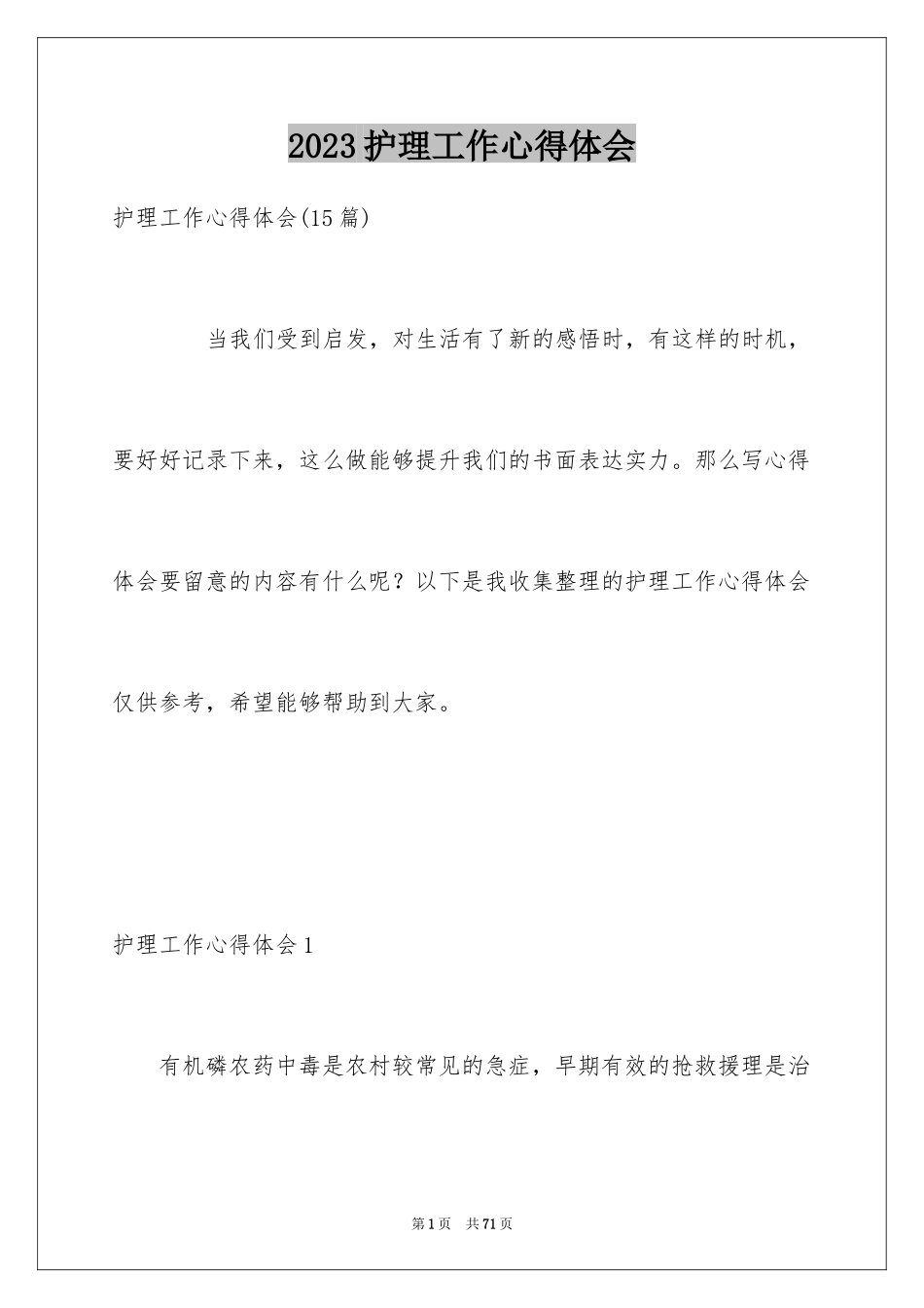 2023护理工作心得体会2范文.docx_第1页