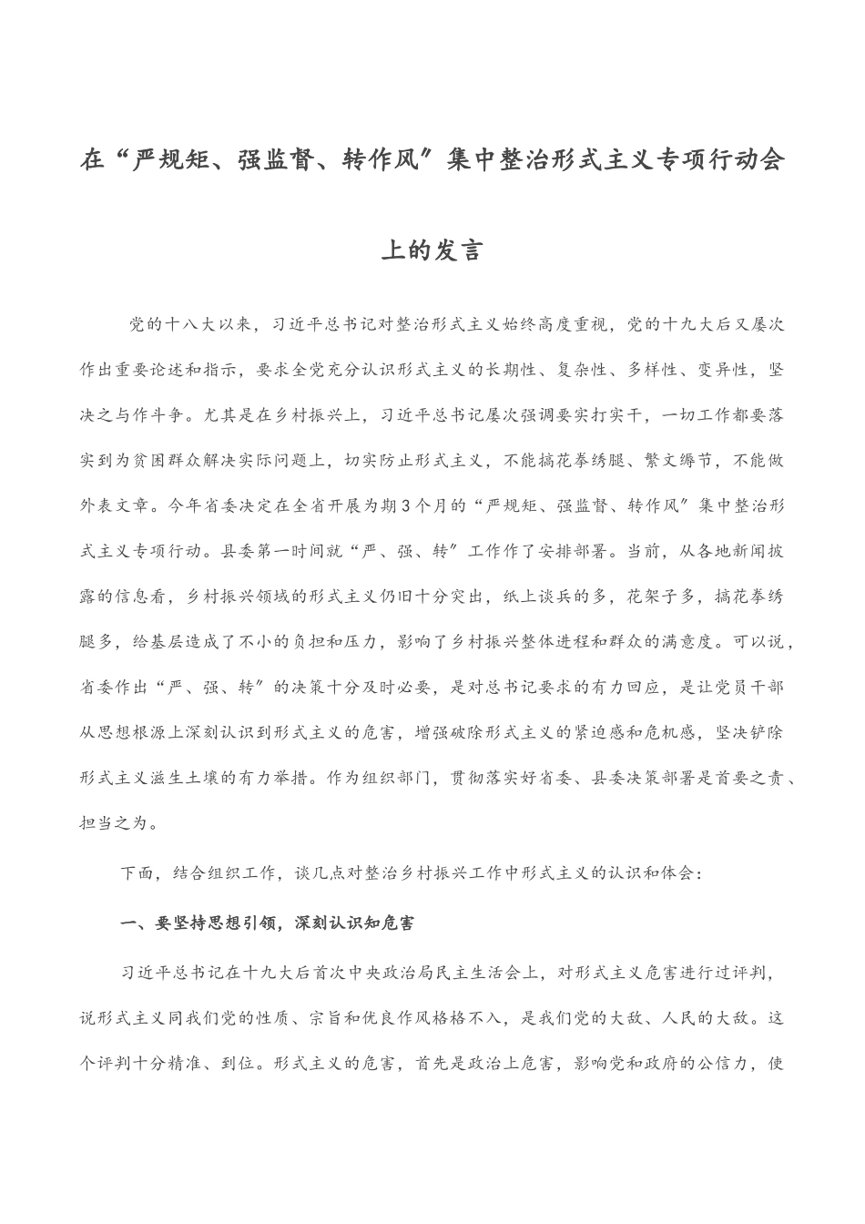 2023年在“严规矩、强监督、转作风”集中整治形式主义专项行动会上的发言.docx_第1页