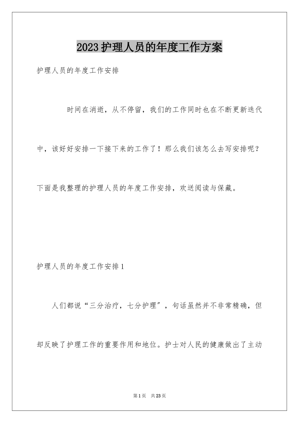 2023护理人员的年度工作计划范文.docx_第1页
