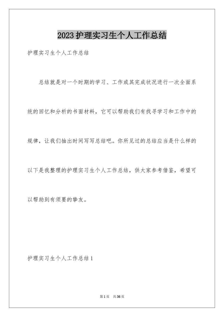 2023护理实习生个人工作总结范文.docx_第1页