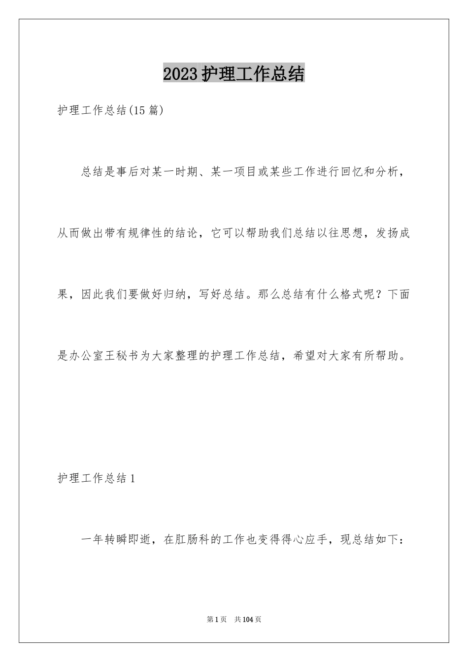 2023护理工作总结14范文.docx_第1页