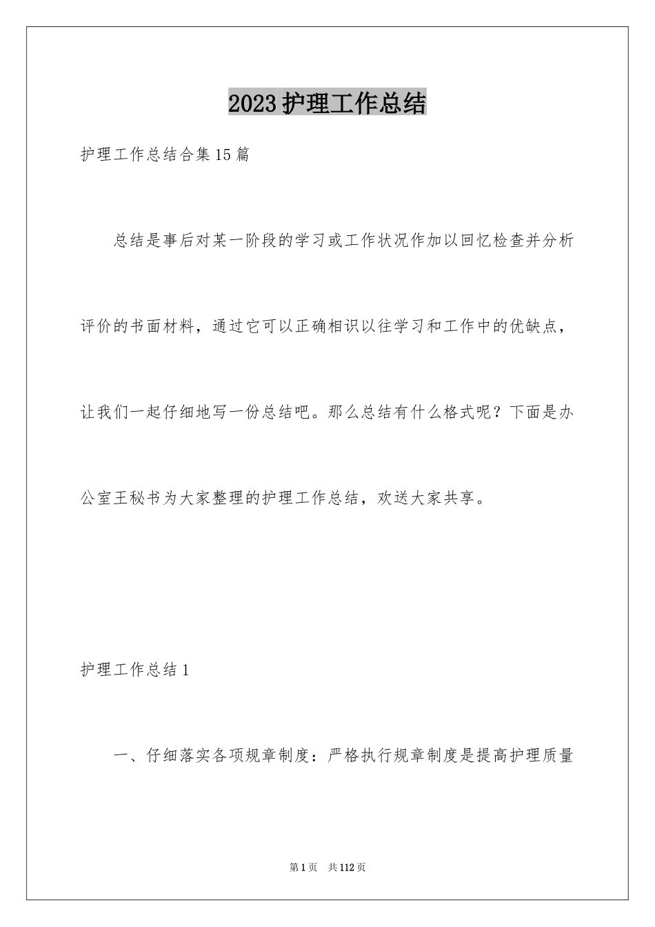 2023护理工作总结9范文.docx_第1页