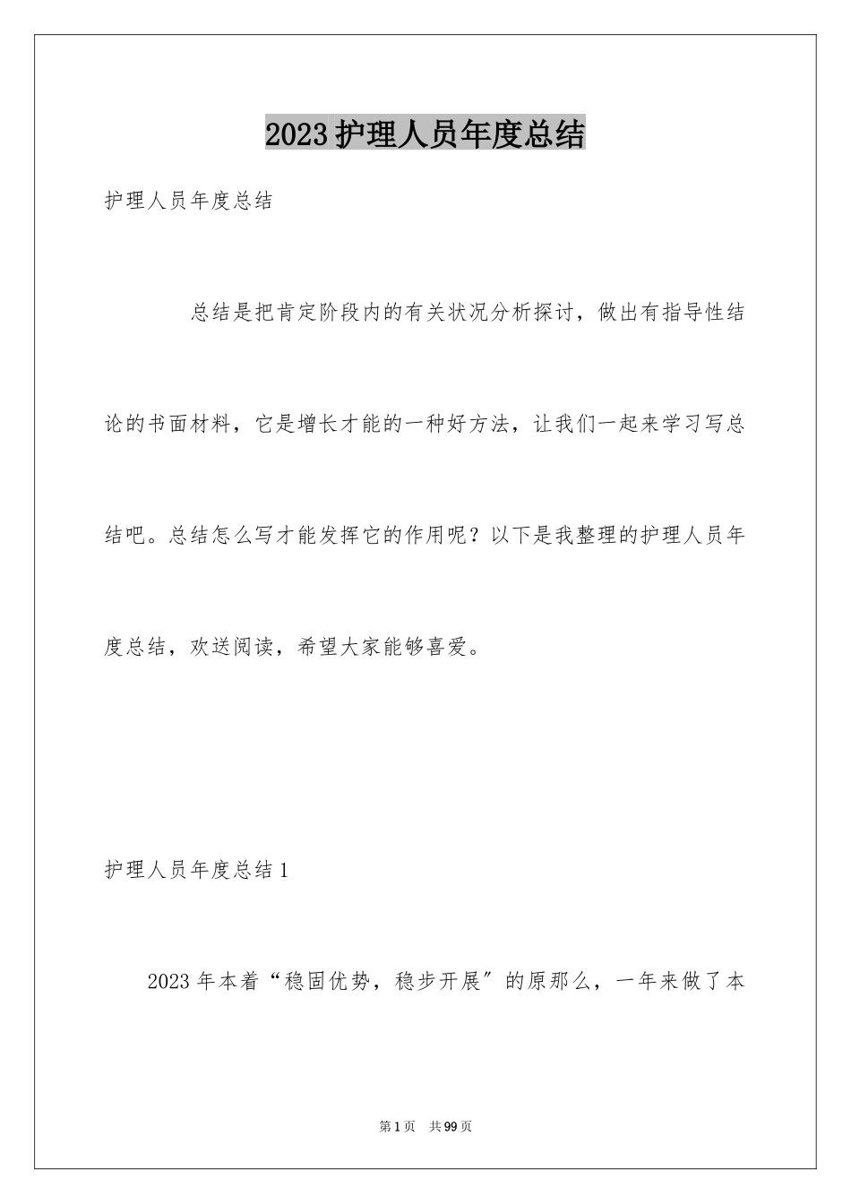 2023护理人员年度总结范文.docx_第1页