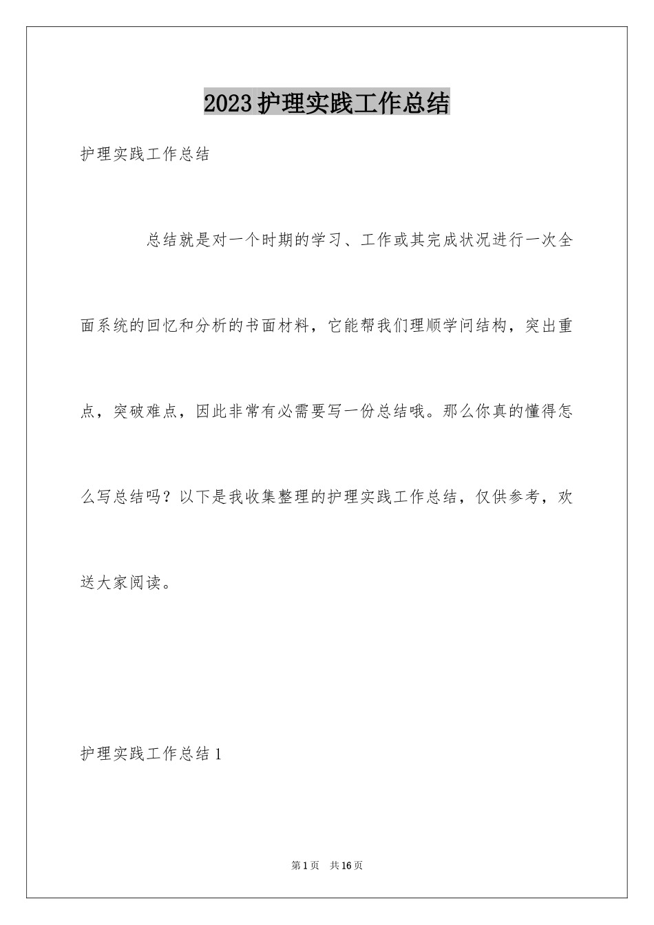 2023护理实践工作总结1范文.docx_第1页