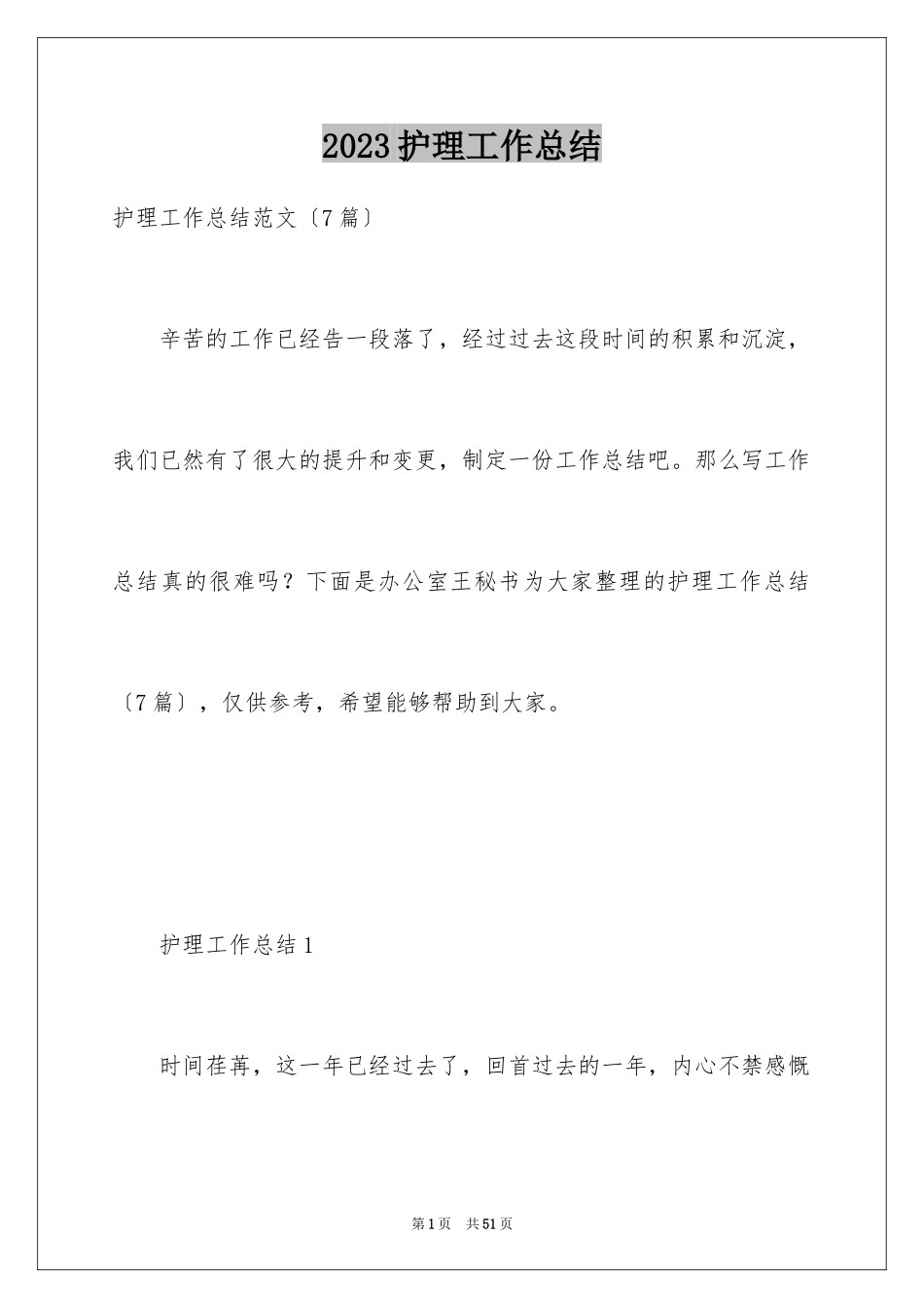 2023护理工作总结10范文.docx_第1页