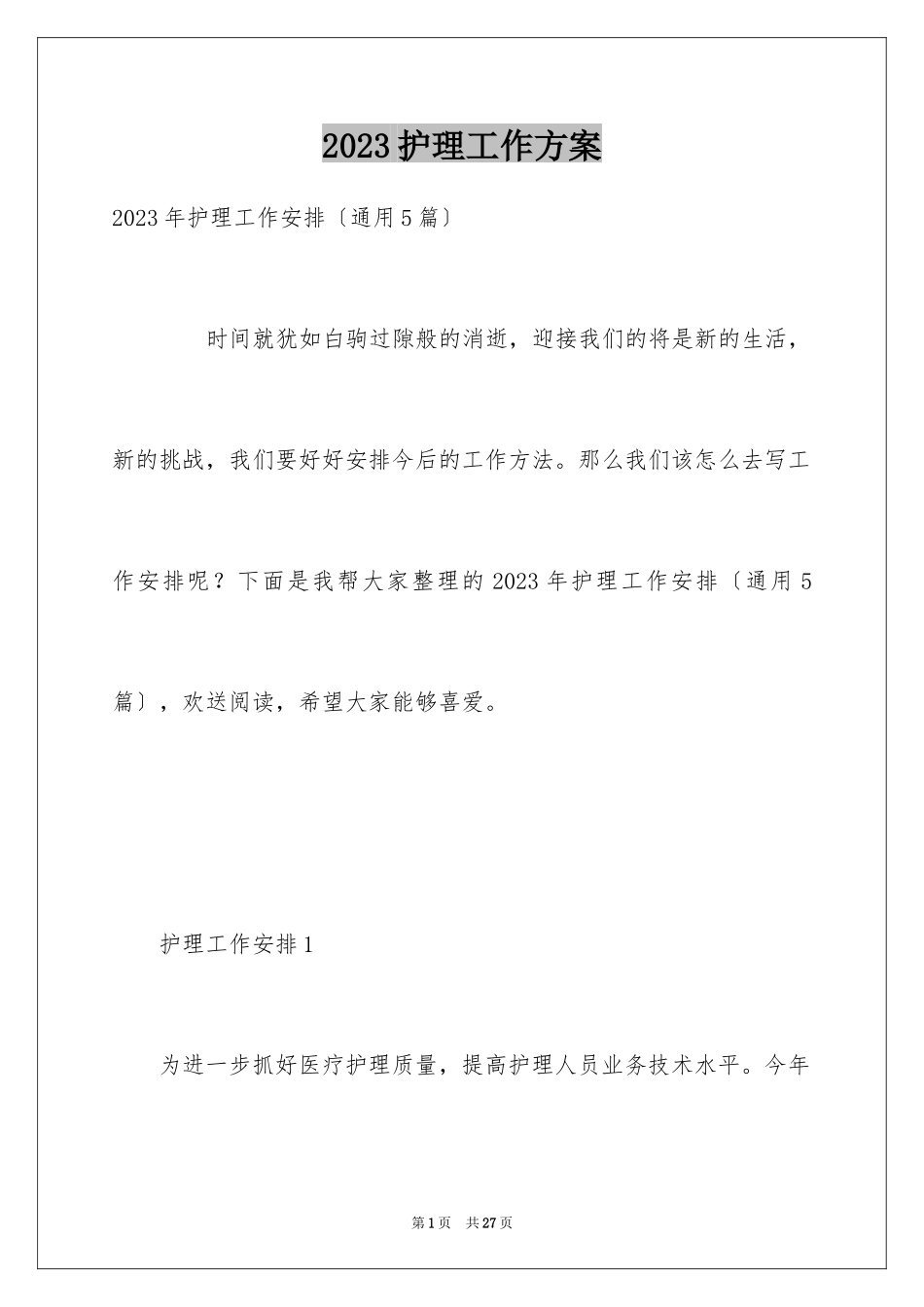 2023护理工作计划29范文.docx_第1页