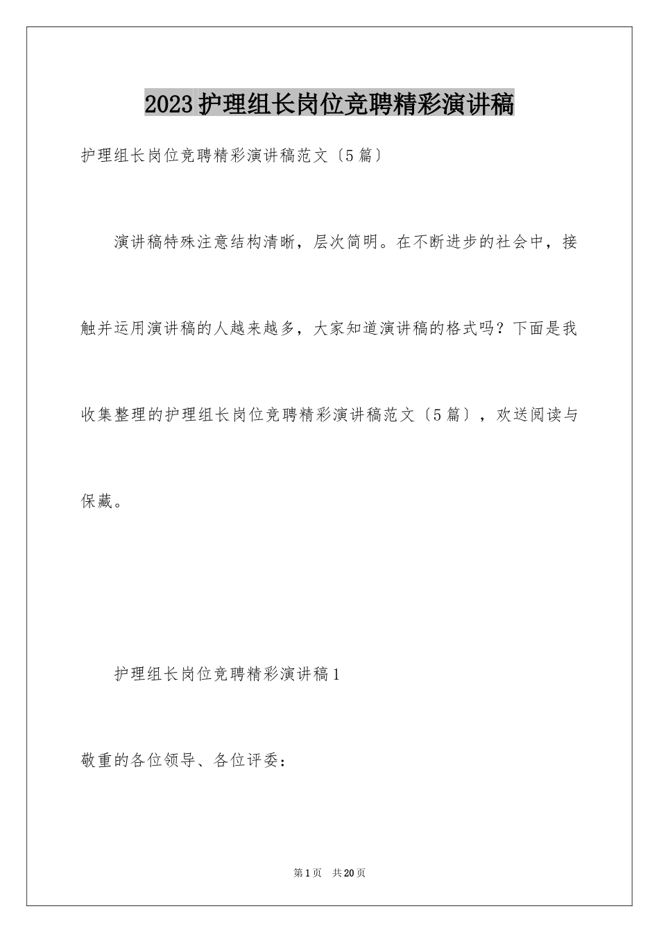 2023护理组长岗位竞聘精彩演讲稿范文.docx_第1页