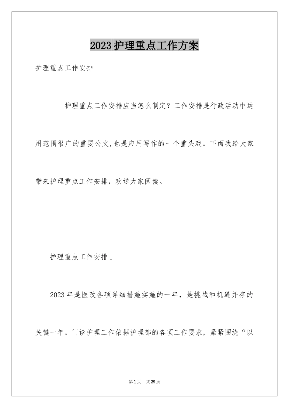 2023护理重点工作计划范文.docx_第1页