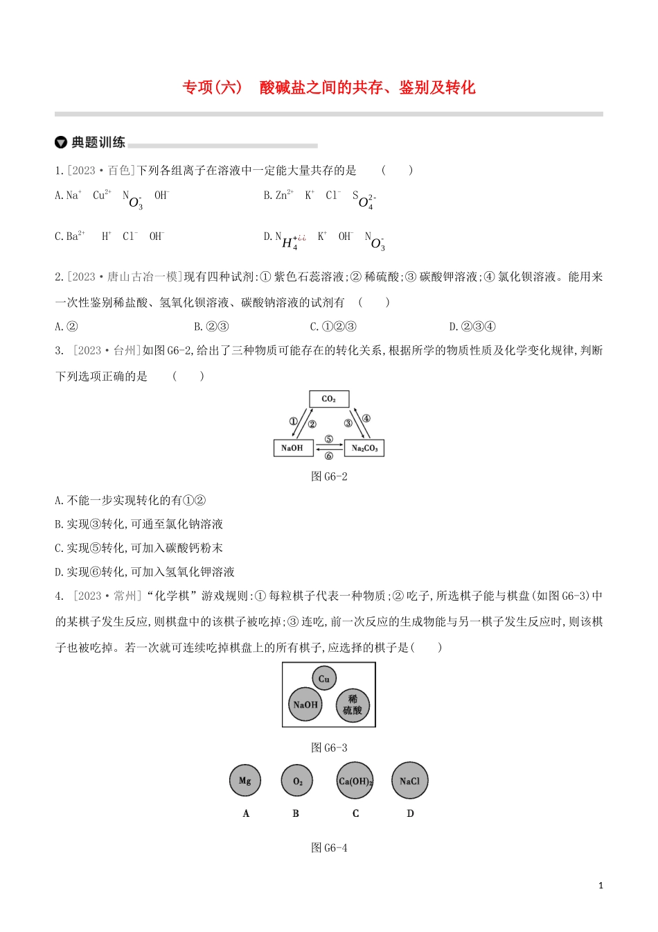 河北专版2023学年中考化学复习方案专项06酸碱盐之间的共存鉴别及转化试题.docx_第1页