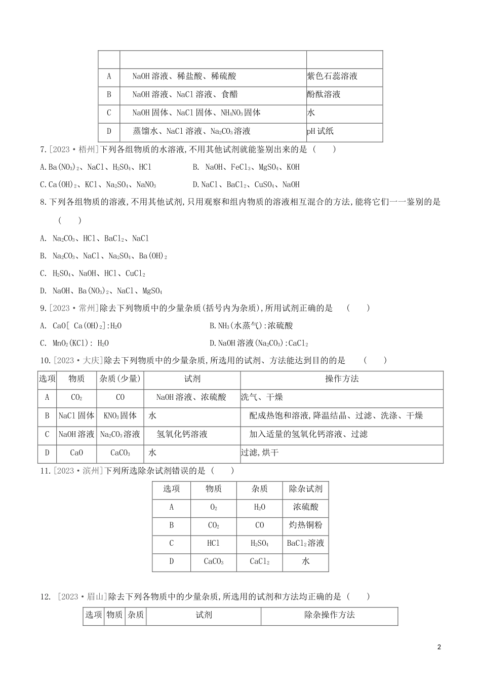 鄂尔多斯专版2023学年中考化学复习方案题型突破03物质的检验与鉴别分离与提纯试题.docx_第2页