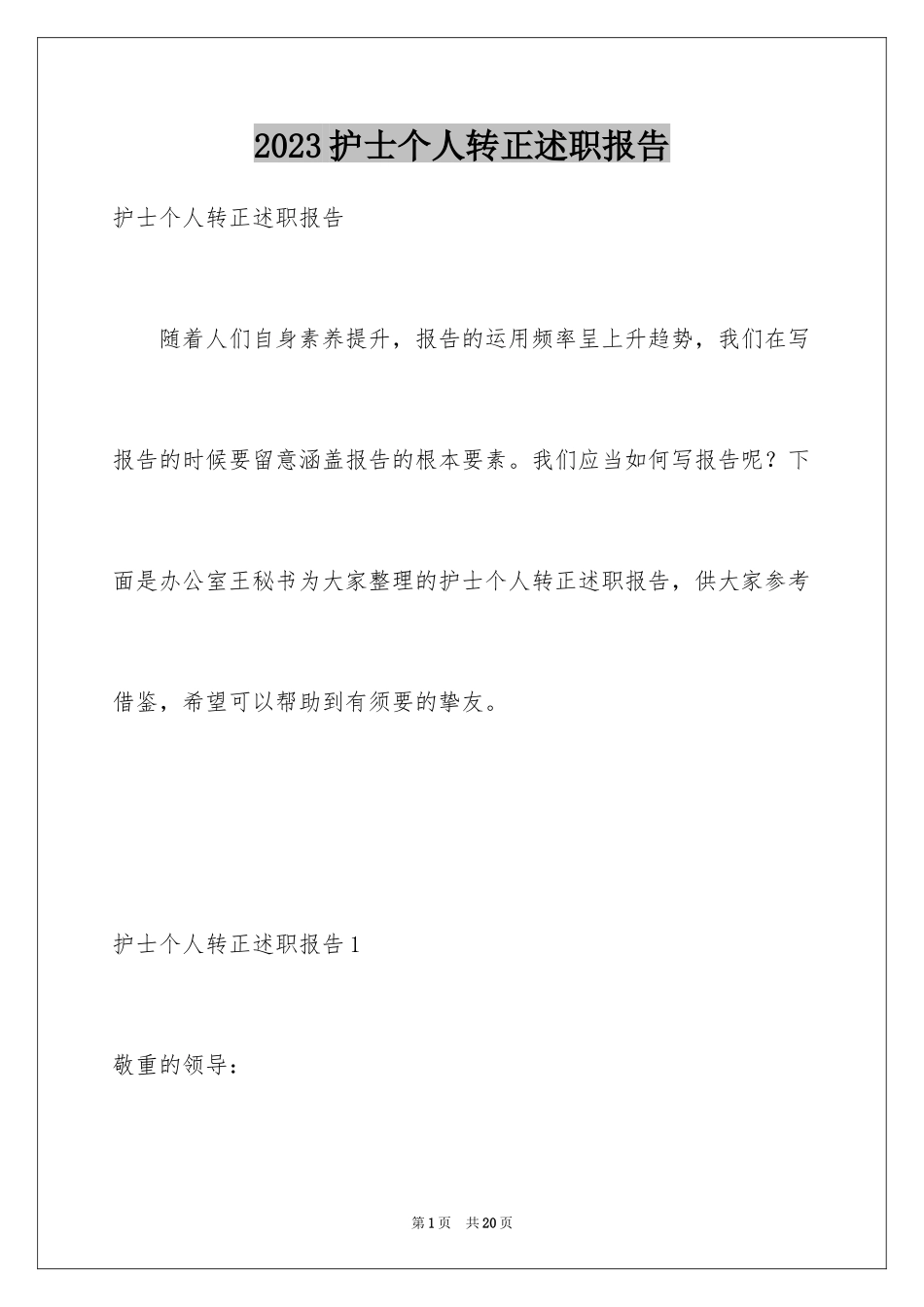 2023护士个人转正述职报告范文.docx_第1页