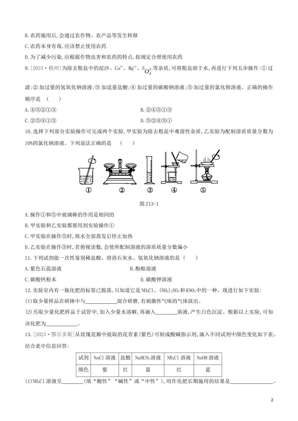 鄂尔多斯专版2023学年中考化学复习方案第一篇基础过关课时训练13盐和化肥试题.docx_第2页