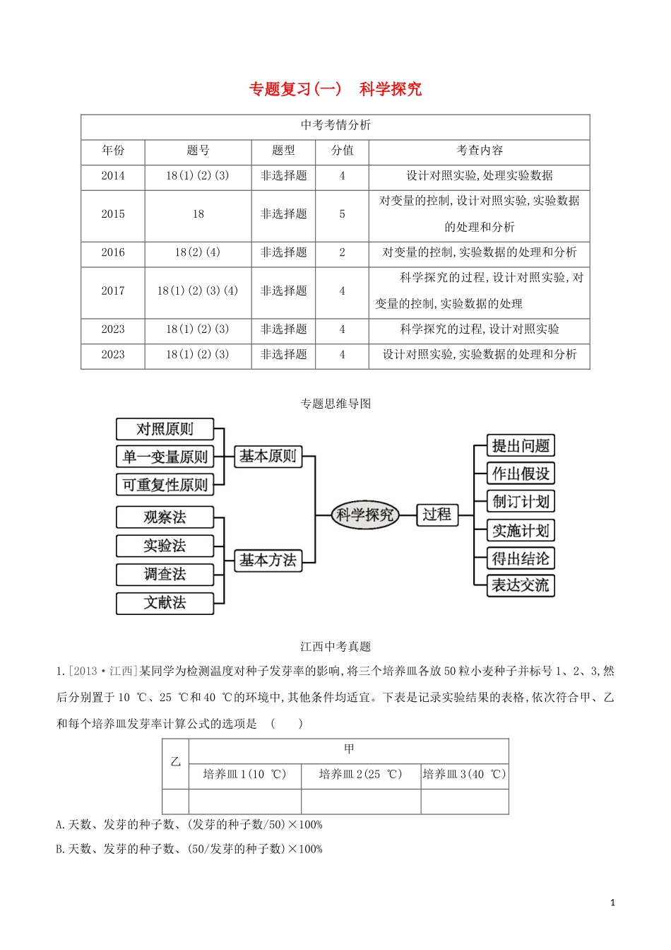 江西专版2023学年中考生物复习方案专题复习01科学探究试题.docx_第1页