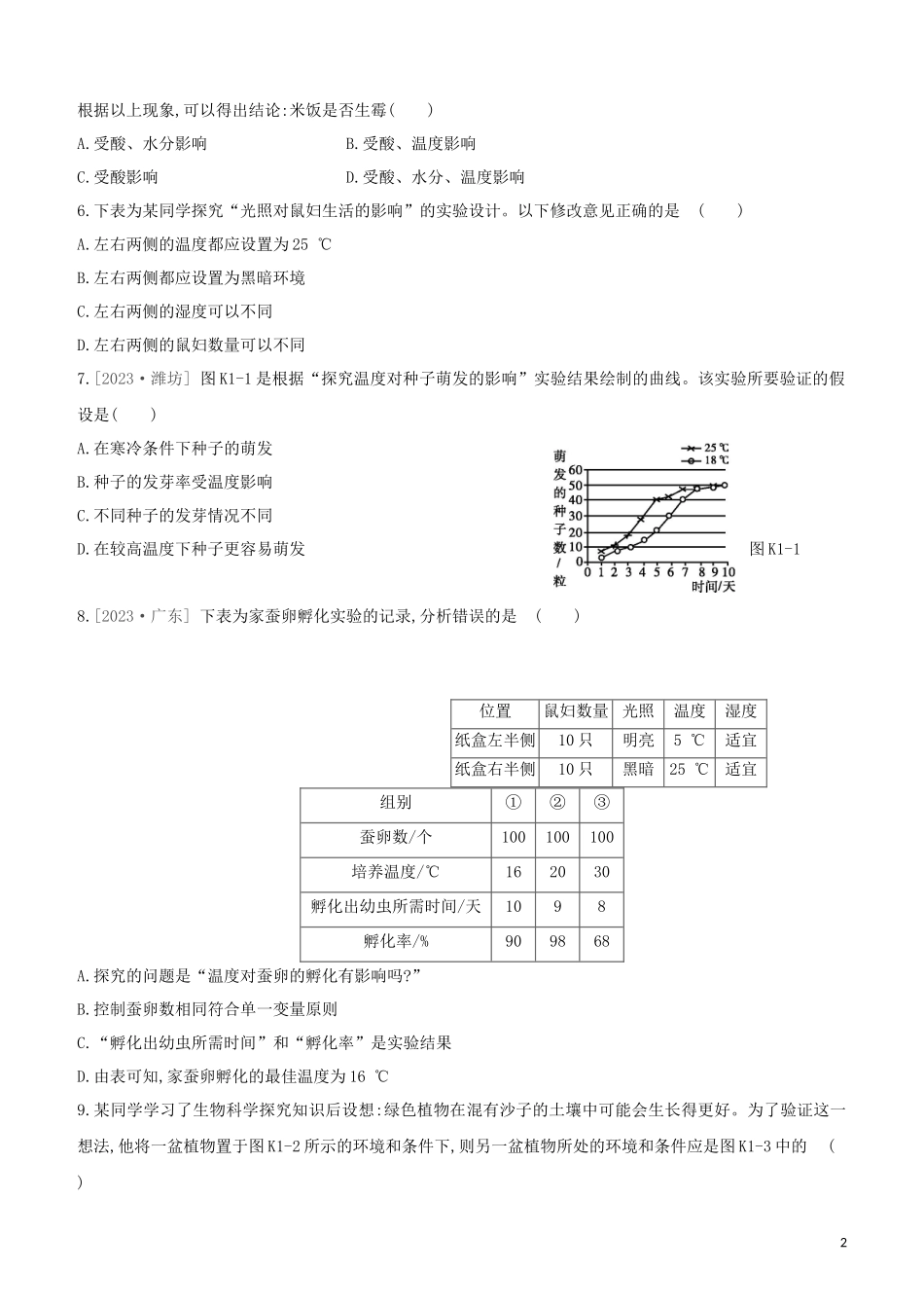 江西专版2023学年中考生物复习方案第一单元生物体的结构和生物圈课时训练01科学探究试题.docx_第2页
