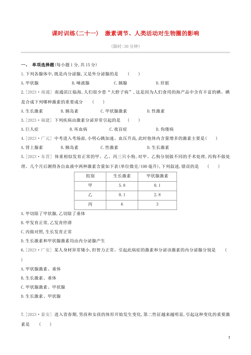 江西专版2023学年中考生物复习方案第三单元生物圈中的人课时训练21激素调节人类活动对生物圈的影响试题.docx_第1页