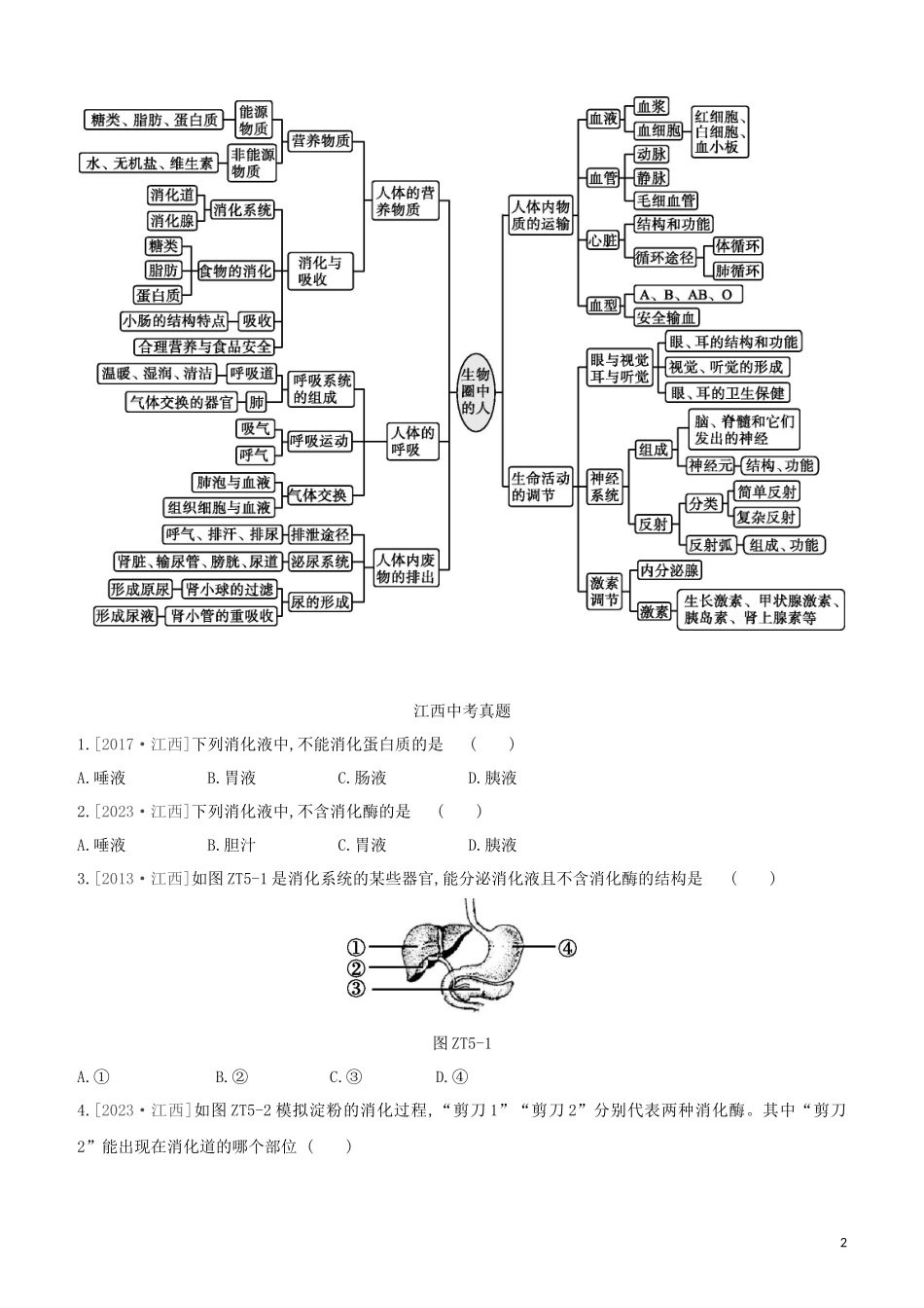 江西专版2023学年中考生物复习方案专题复习05生物圈中的人试题.docx_第2页