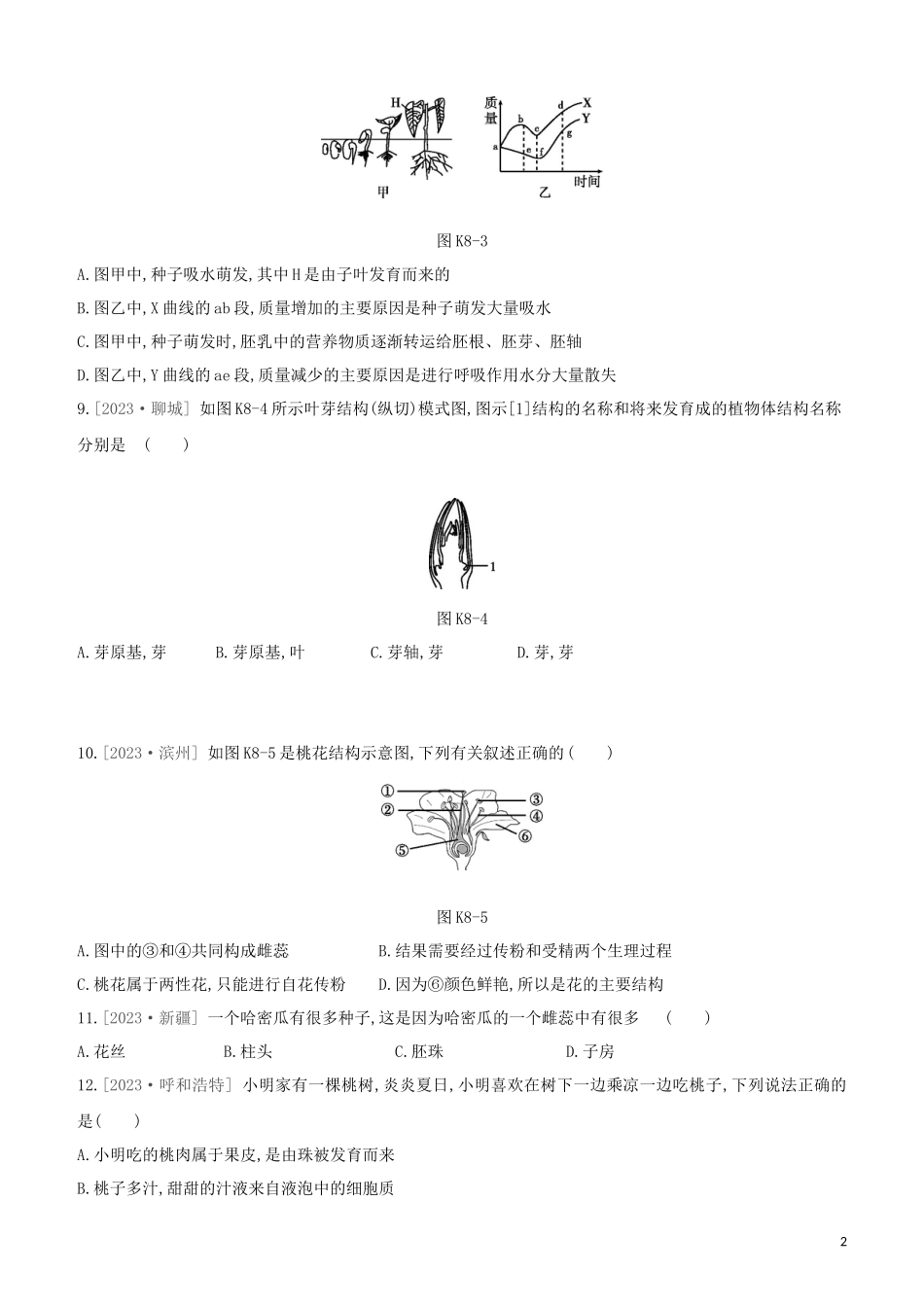 江西专版2023学年中考生物复习方案第二单元生物圈中的绿色植物课时训练08被子植物的一生试题.docx_第2页