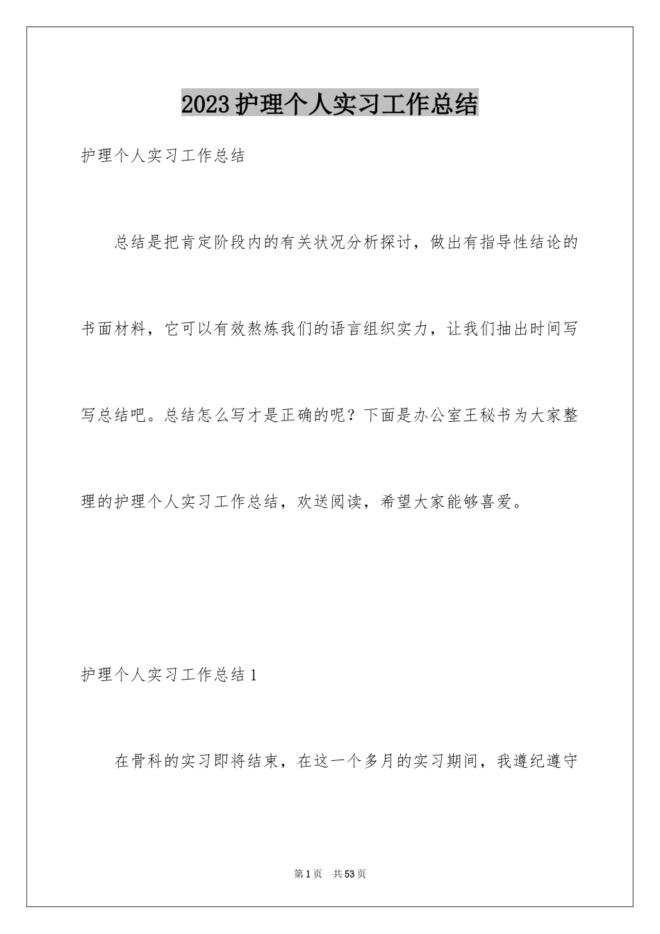 2023护理个人实习工作总结范文.docx_第1页