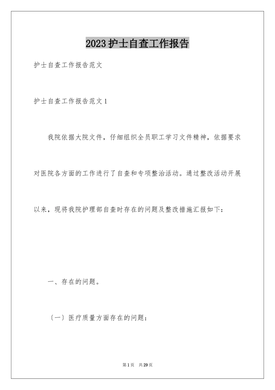 2023护士自查工作报告范文.docx_第1页