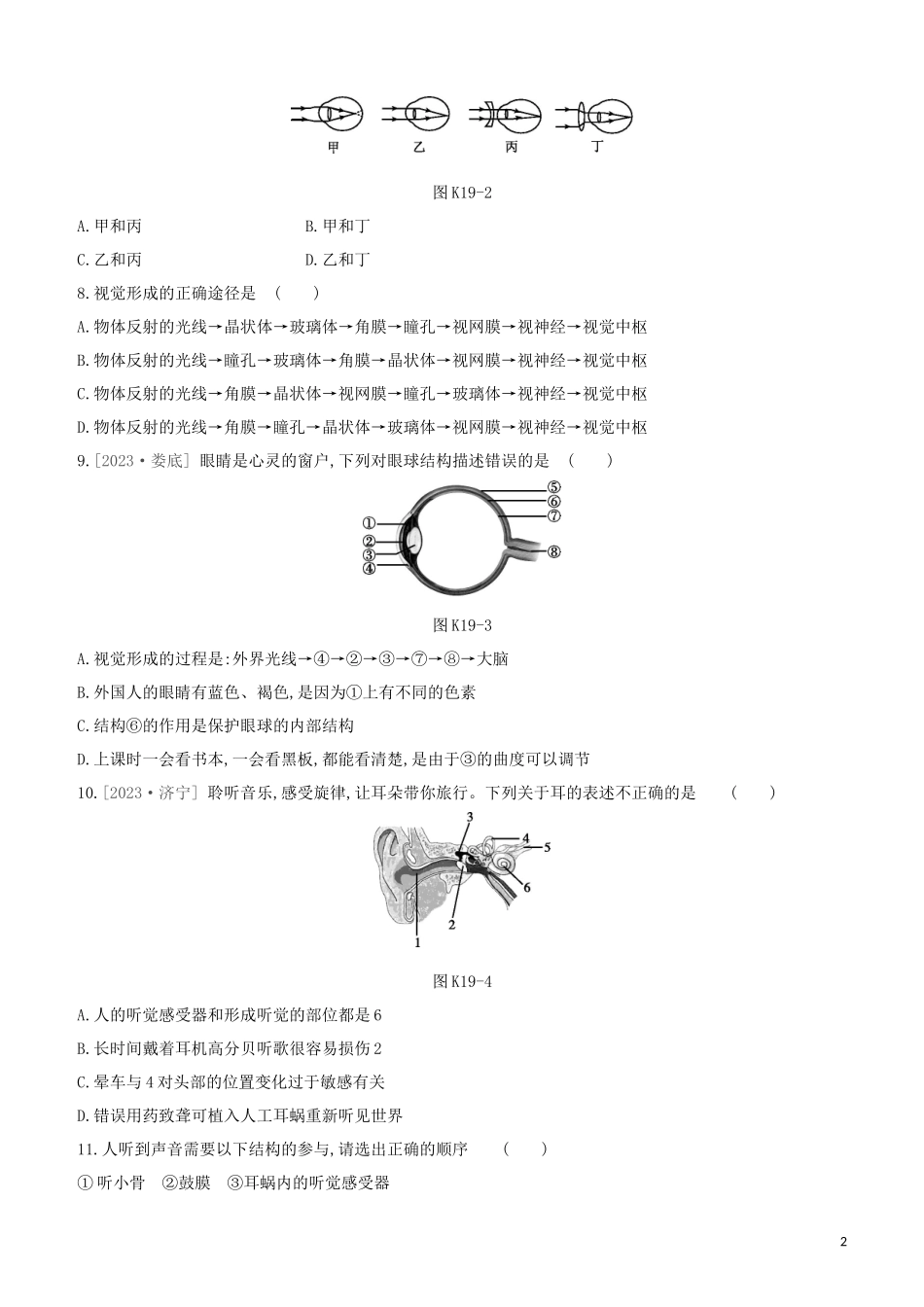 江西专版2023学年中考生物复习方案第三单元生物圈中的人课时训练19人体对外界环境的感知试题.docx_第2页