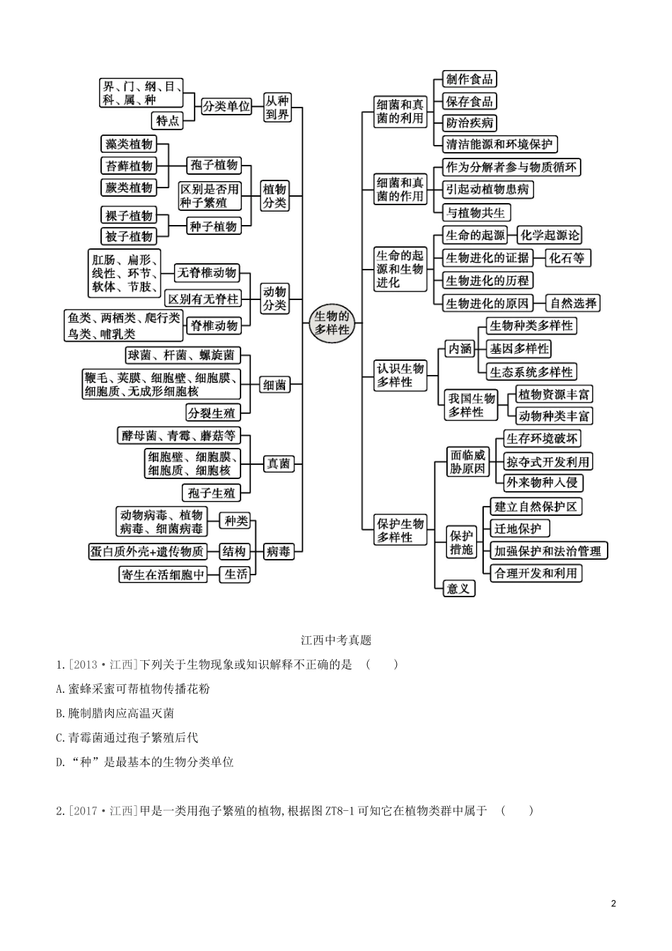 江西专版2023学年中考生物复习方案专题复习08生物的多样性试题.docx_第2页